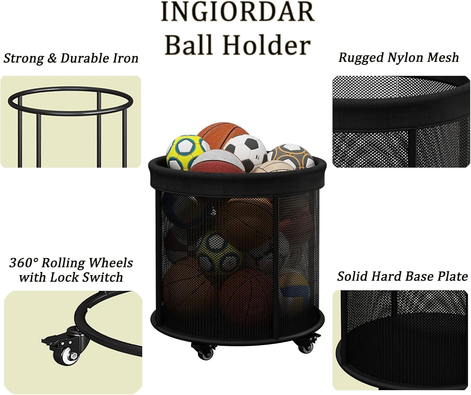 Ball Storage Cart Ball Storage Bin for Balls, 48 Gals Mesh Ball Holder, Basketball Rack with Wheels, Outdoor, Indoor