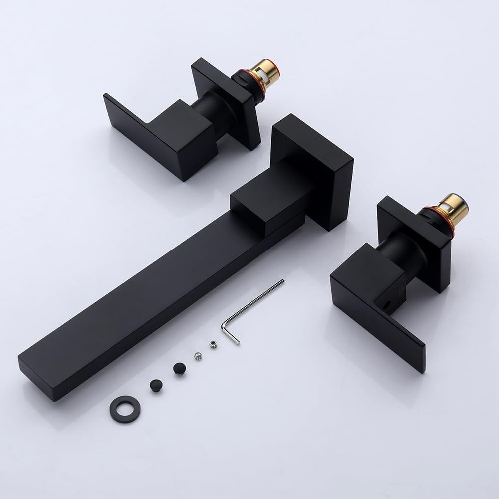 Decaura Bathroom Wall Sink Tap Set Basin Square Bath Swivel Spout Vanity Spa Bathtub Water Outlet with 1/4 Turn Twin Tap Faucet Brass (Matt Black) - Chrome image number 5