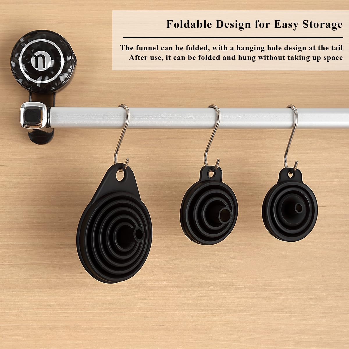 Berglander Kitchen Funnel Set of 3 Easy to Store, Silicone Collapsible Funnels for Kitchen Use, Filling Bottles, Daily Cooking, and Water or Powder Transfer（Black） - Black image number 5