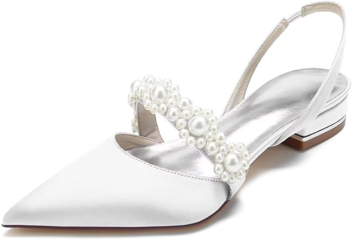 Satin Pearls Wedding Shoes for Bride Flat Pointed Toe Women Slingback Flats