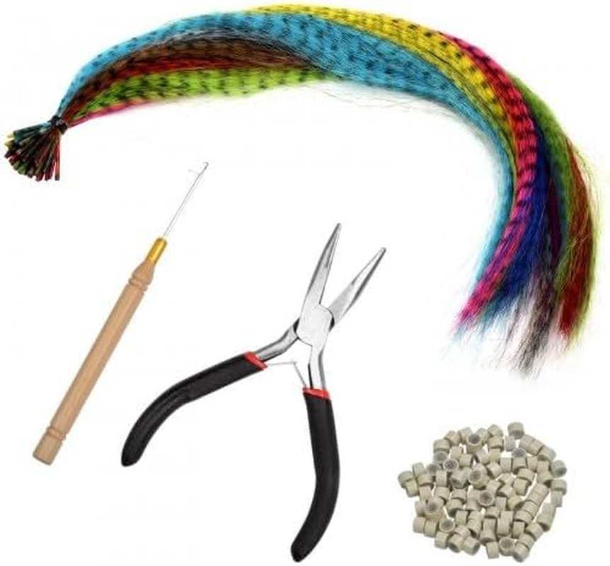Pack of 50 Feather Hair Extensions Set, Colourful Faux Feather Hair Extensions, Coloured Hair Extensions Clips, Synthetic Hair Strands Extensions Highlights with 100 Silicone Ring, Pliers and Crochet image number 3