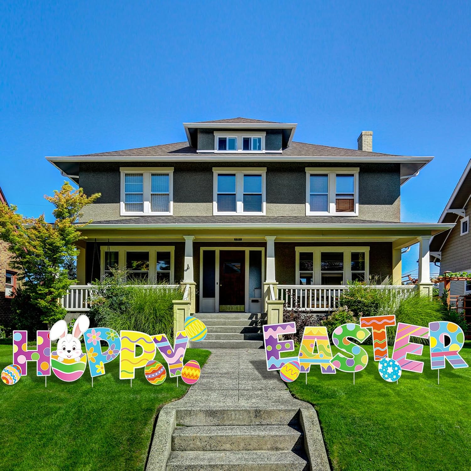 Yalikop 4 Pcs Happy Easter Yard Signs Decorations Outdoor Lawn Decorations Eggs Yard Stake Sign Bunny Outdoor Decorative Stake Signs with 16 Plastic Stakes for Garden Easter Party Supplies Prop image number 2