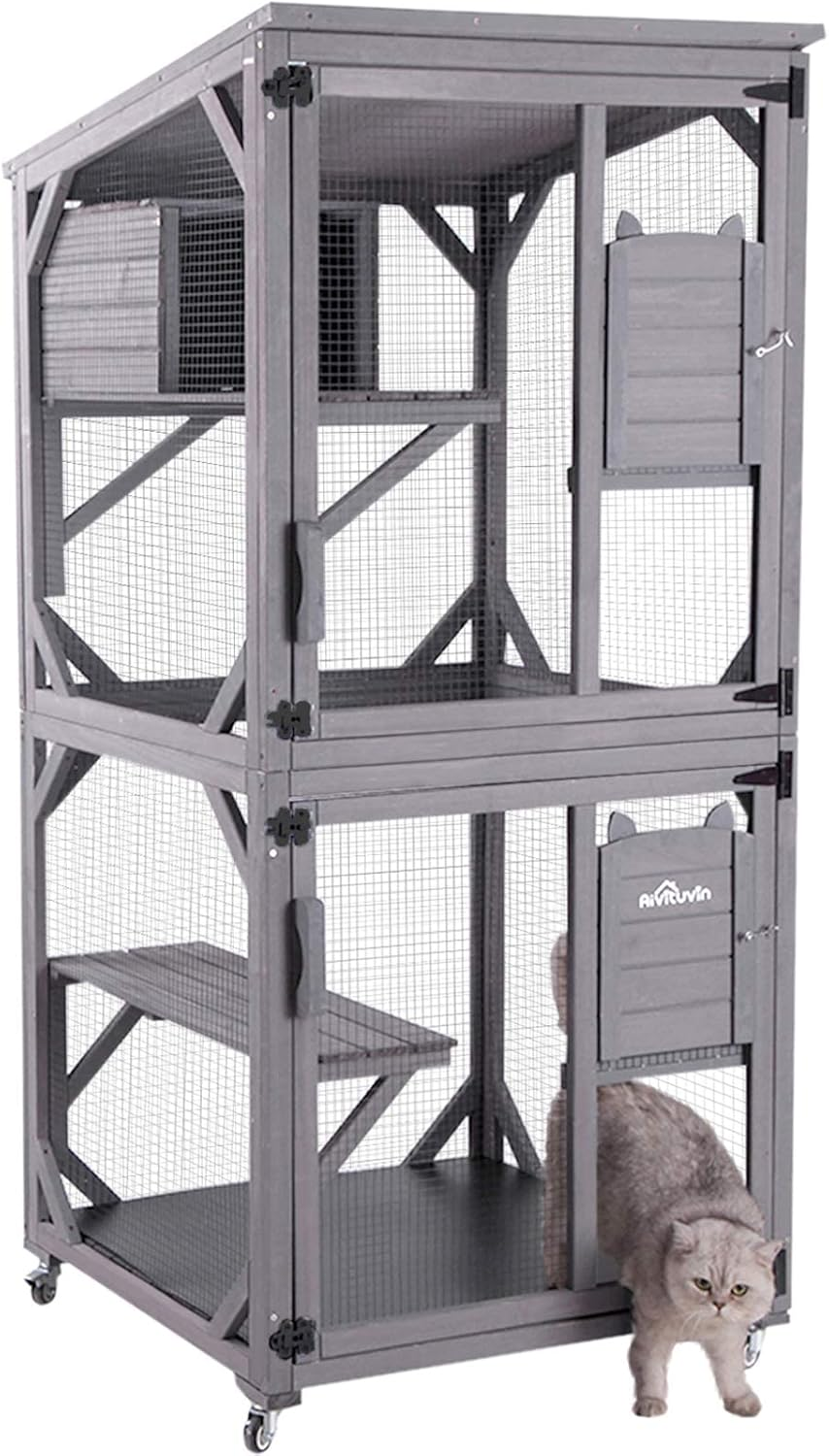 Wooden Cat House Outdoor and Indoor Run Large Cat Enclosure on Wheels 70.9" Upgraded Version Catio Cage with Reinforcement Wooden Strip,Waterproof Roof