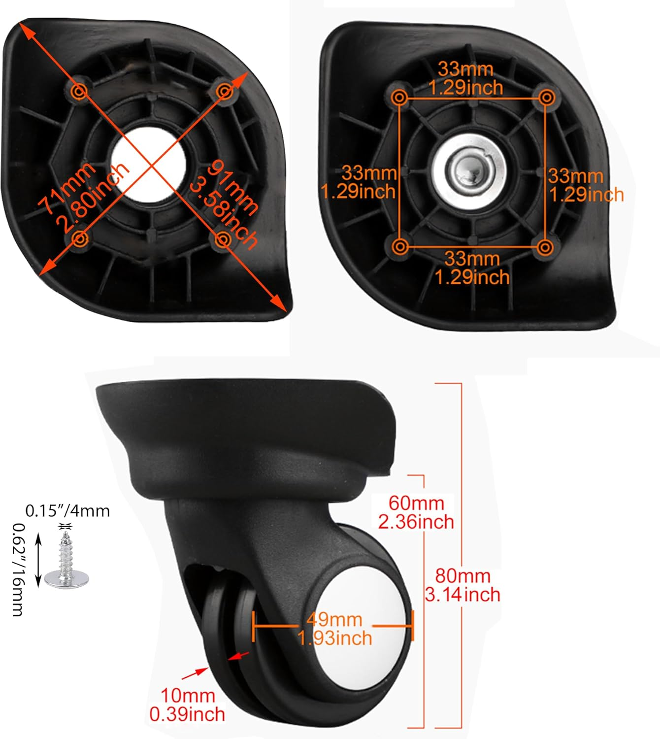 RDEXP Multifunctional Luggage Spinner 115W Series W003 Black Revolver 80Mm Pvc&Metal image number 3