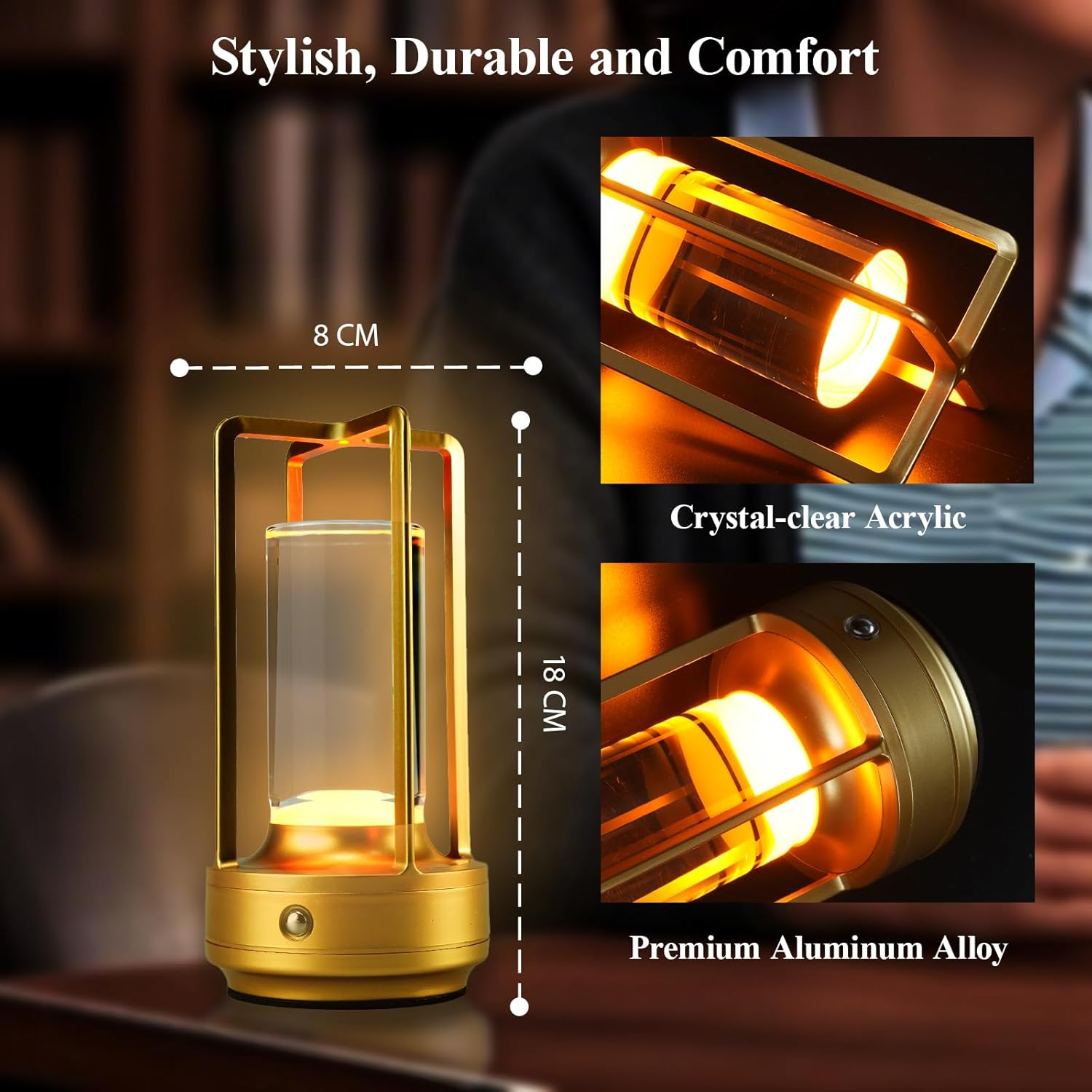 Small Table Lamp Rechargeable Table Lamp Cordless, 3 Color | Crystal | Stepless Dimming, for Dining Room, Living Room, Bar, Cafe, Restaurant, Patio, Camping (Gold) image number 6