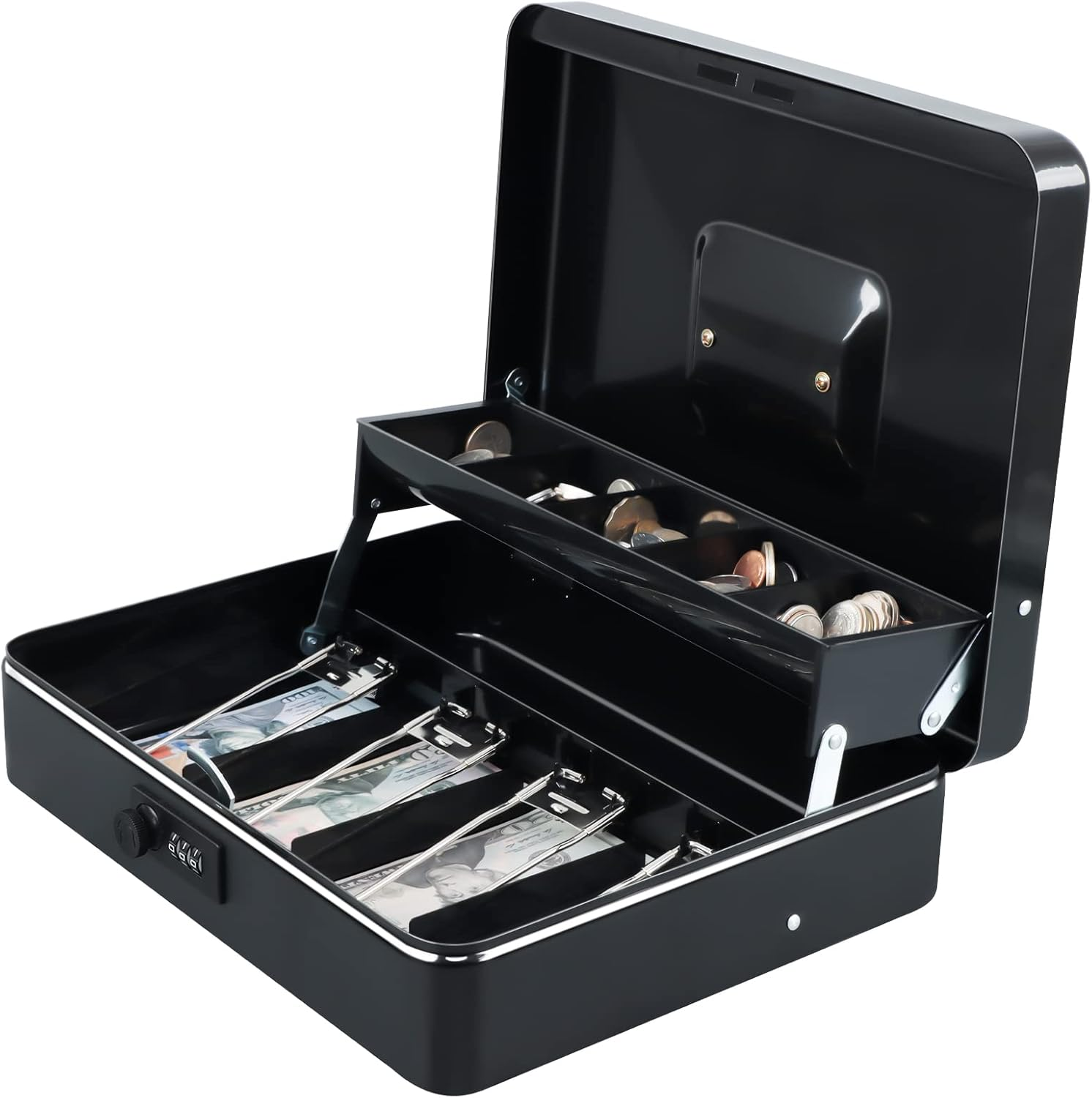 Xydled Cash Box with Money Tray and Key Lock,Tiered, Cantilever Design,4 Bill / 5 Coin Slots,11.8" X 9.5" X 3.5",Black
