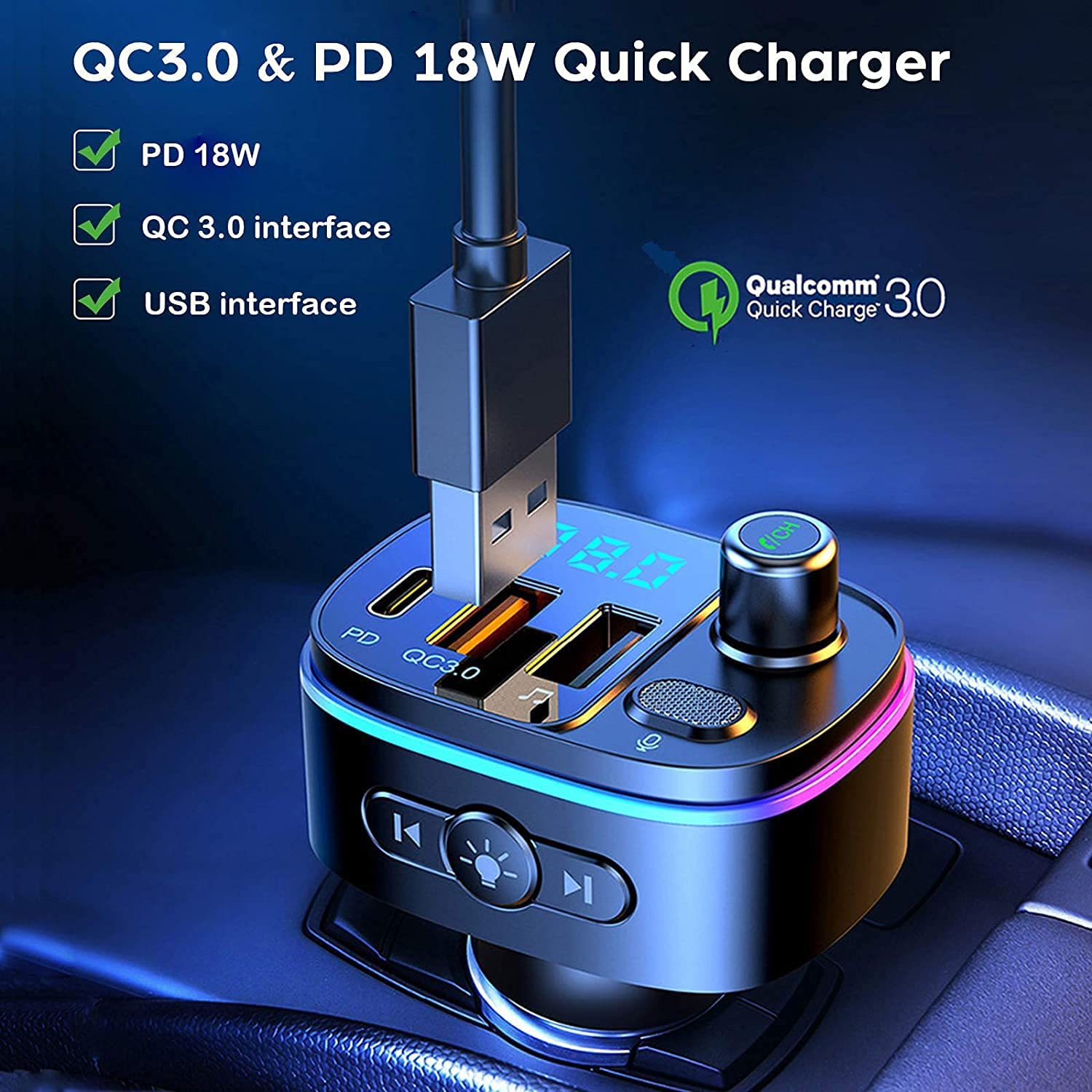 Bluetooth 5.0 FM Transmitter for Car, 3 USB Ports Fast Charger with QC3.0 18W and PD 18W USB C Car Charger, Bluetooth FM Radio Adapter Hands-Free Calling, Voice Assistant MP3 Player Car Charger 3In1 image number 5