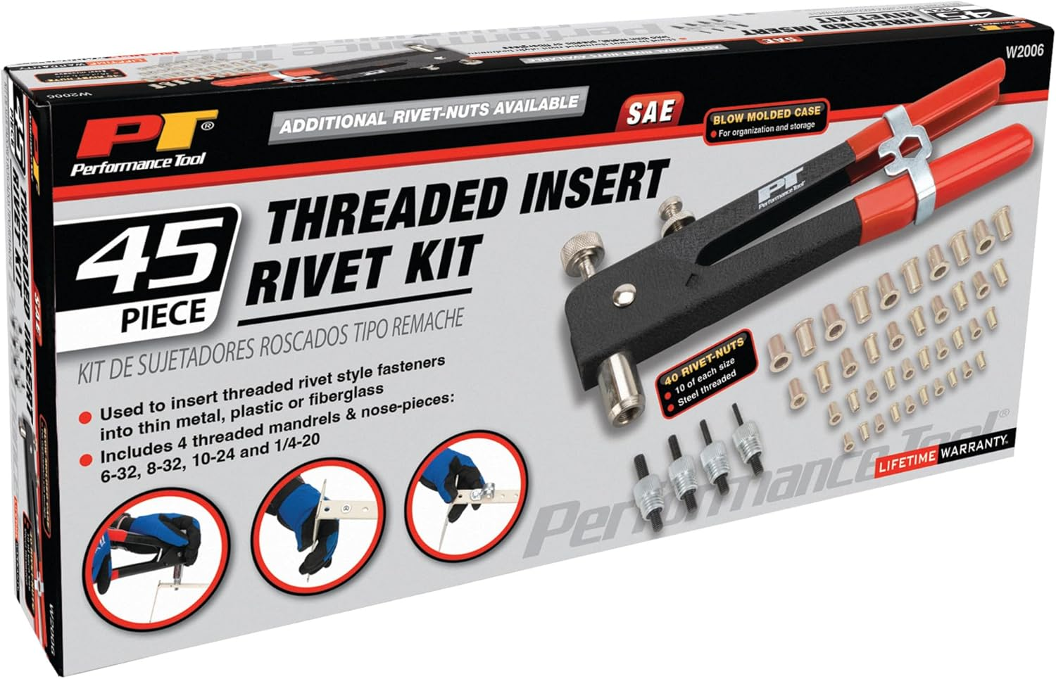 Performance Tool W2006 SAE Rivet Nut Kit Set, Riveter Tool, Rivet Nut Gun, Thread Hand Riveter, Rivet Gun, Riveting Tools with 45Pc, Metric Rivet Nuts Included -/32, 8-32, 10-24, 1/4-20 image number 2