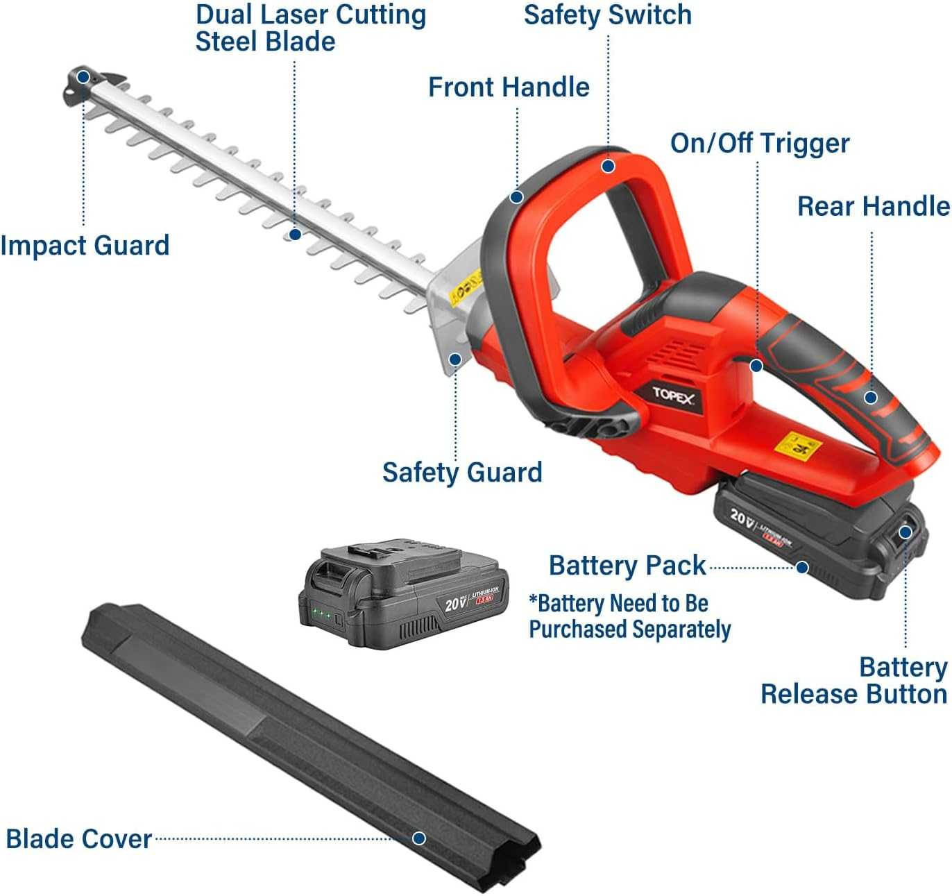 TOPEX 20V Cordless Blower and Hedge Trimmer Combo Kit W/Battery image number 4