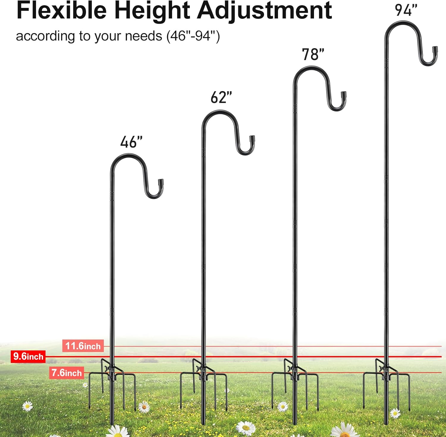 Bird Feeder Pole, 62 Inch & 5/8 Inch Diameter Stainless Steel Heavy Duty Shepherds Hooks for Outdoor to Hang Outdoor Lights with 5 Prongs Base, Rustproof for Garden Decor or Wedding Decors(Black) image number 4