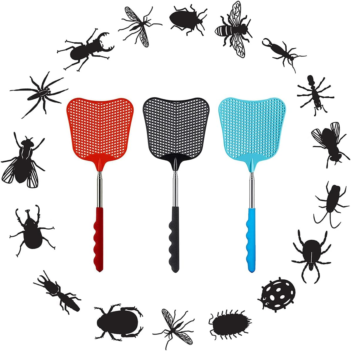 Extendable Fly Swatter, 3 Pcs Durable Heavy Duty Plastic Manual Swat Pest Swatter with Extendable Stainless Steel Handle for Office, Home, School, Swat Pest, Fly(Black, Red, Blue)