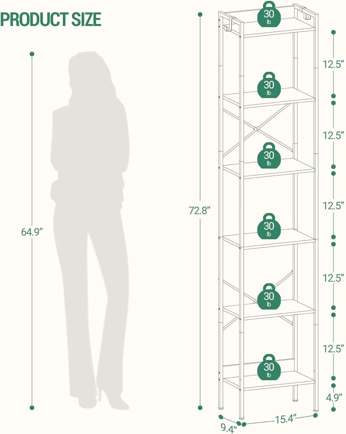 Hzuaneri Bookshelf, Book Shelf, Industrial Bookcase with 2 Hooks, Coner Shelf Storage Organizer for Home Office, Living Room, Bedroom, Kitchen, 6-Tier White BC10713W image number 5