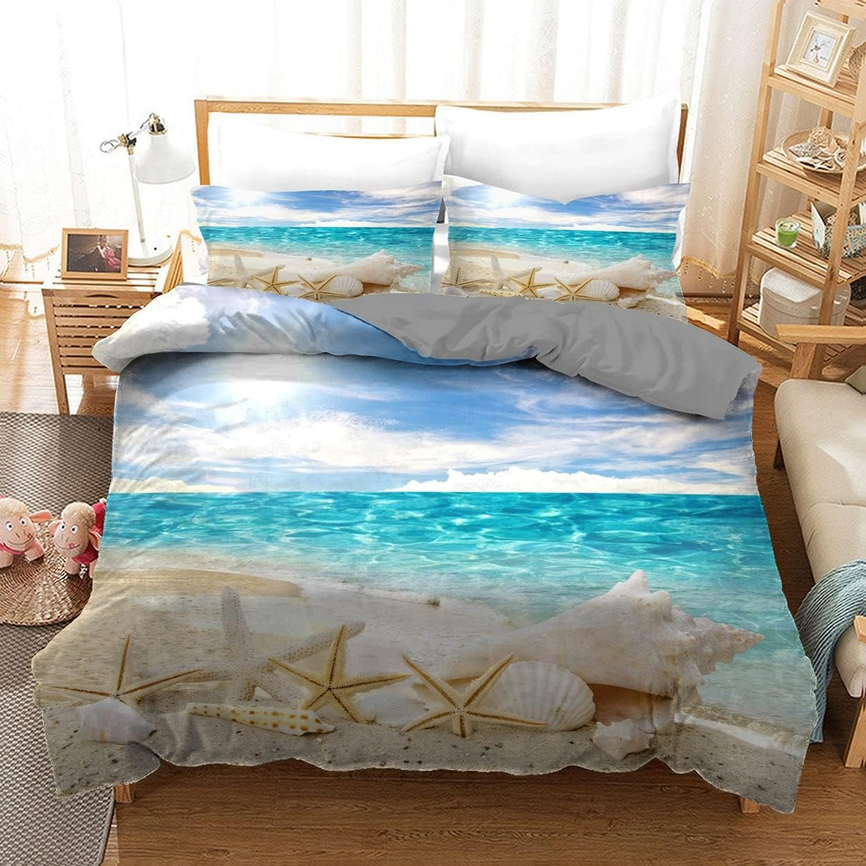 Ocean Beach Sea Star and Shells Quilt Doona Duvet Cover Set Single Double Queen King Size Available Queen, 2 Pillow Cases
