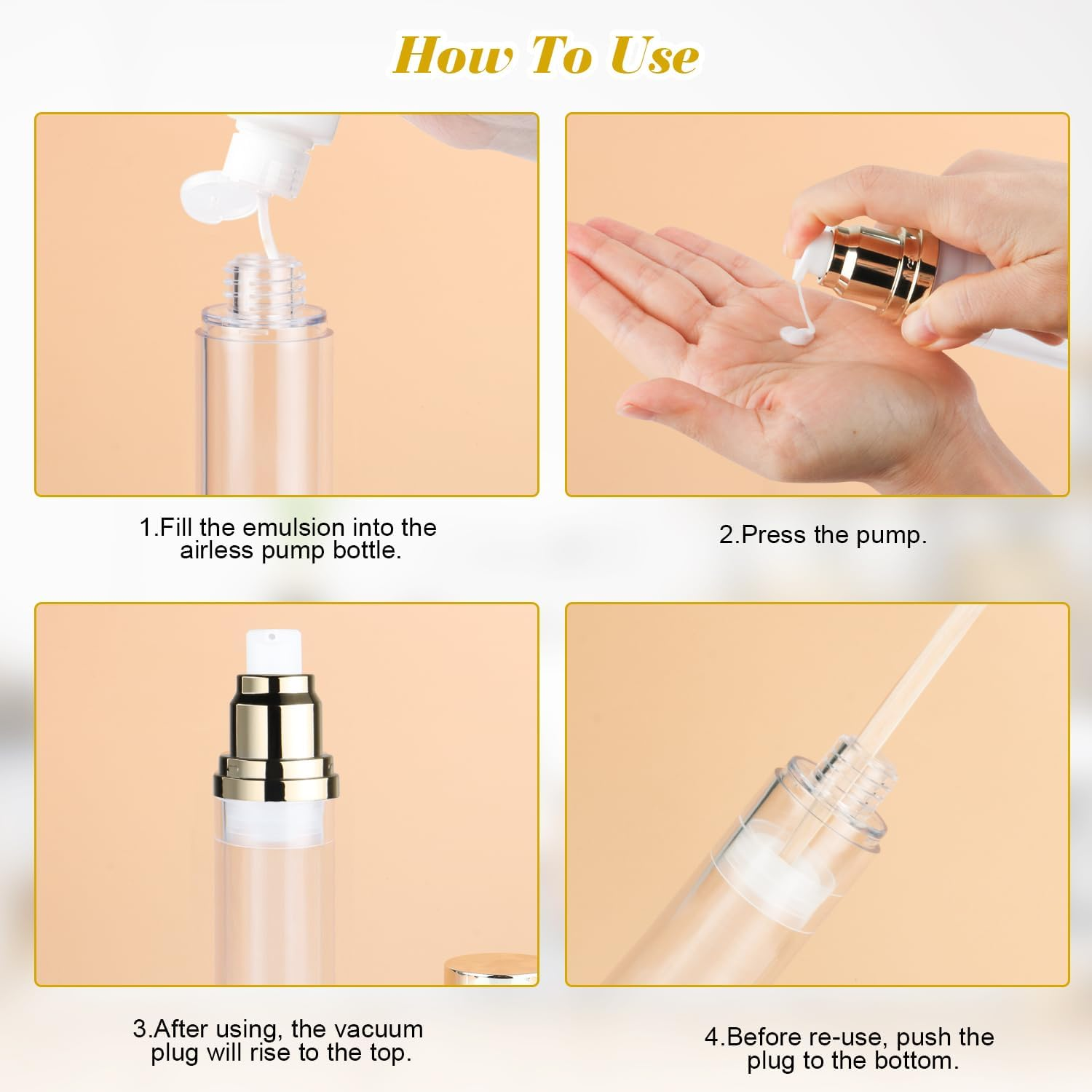 4 Pack 50Ml/1.7Oz Clear Airless Pump Bottle Plastic Vacuum Pump Press Container Empty Lotion Dispenser for Cream Toiletries Liquid Foundation Cosmetic Sample Travel - Gold image number 4