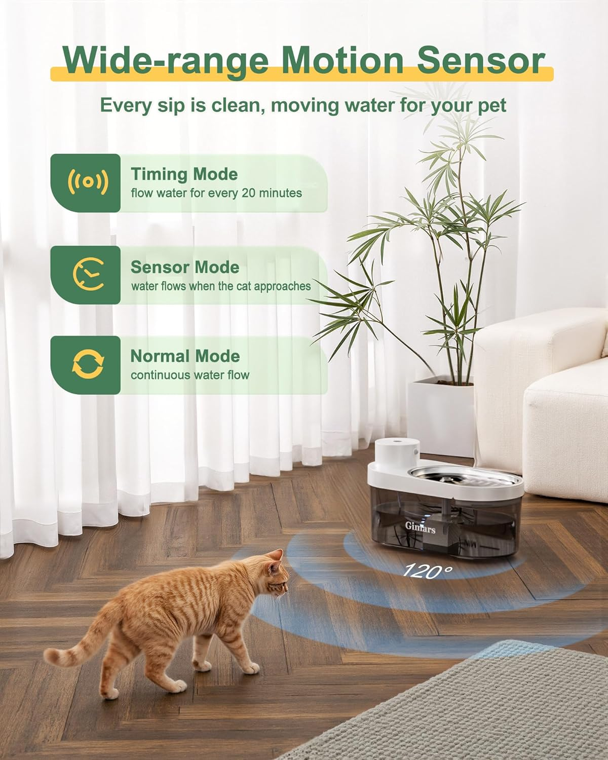 Gimars 4L Ultra-Quiet Bpa-Free & Stainless Steel Cat Fountain Wireless with Motion Sensor, 5000 Mah Battery, Drinking Fountain for Cats, Wireless without Power Cable, Water Fountain for Cats and Dogs image number 2