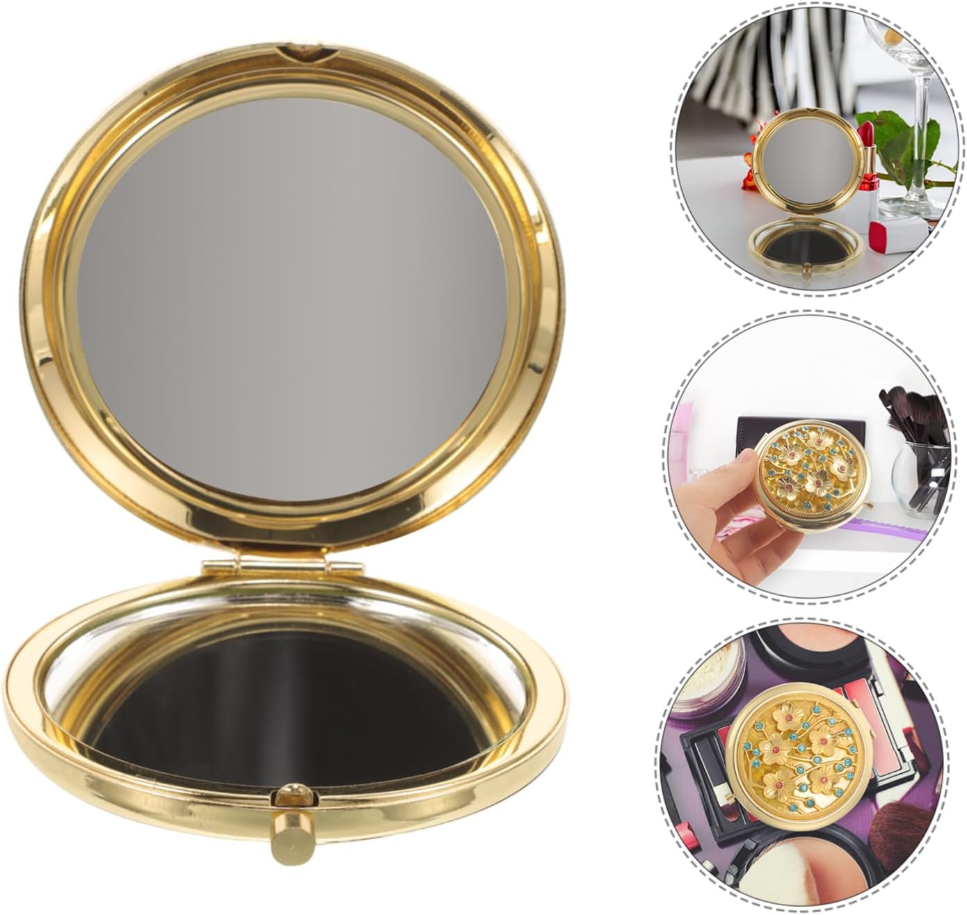 DINHEAROM Vintage Gold Handheld Compact Mirror Hollow Carved Design Small Portable Makeup Mirror for Women for Travel and Purse Use image number 3