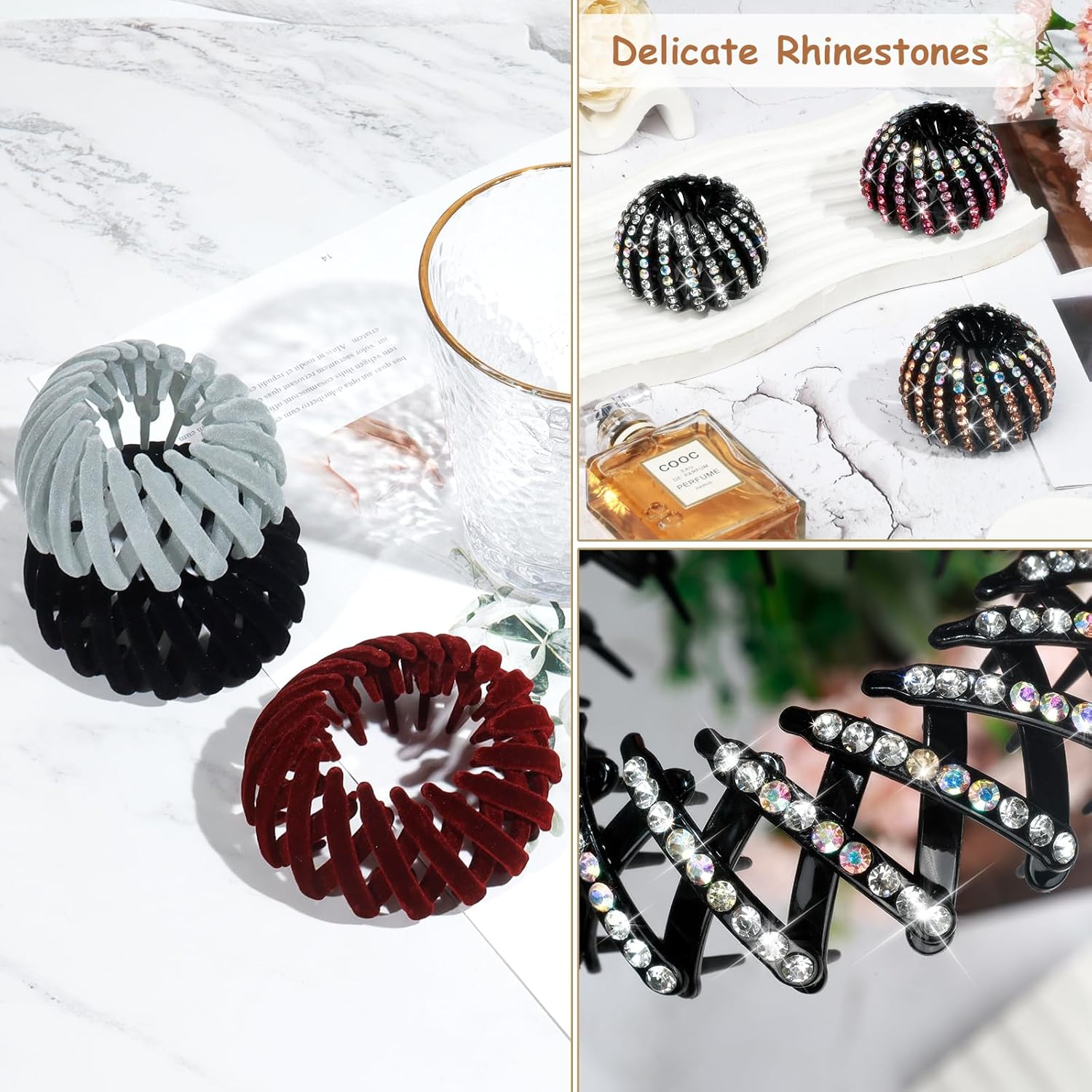 DIQIUREN 6 PCS Expandable Birds Nest Hair Clip Accessories for Women and Girls, 3 PCS Rhinestone Bird Nest Magic Hair Clip for Ponytail Holder and 3 PCS Fixed Velvet Birds Nest Hair Clips for Women image number 6