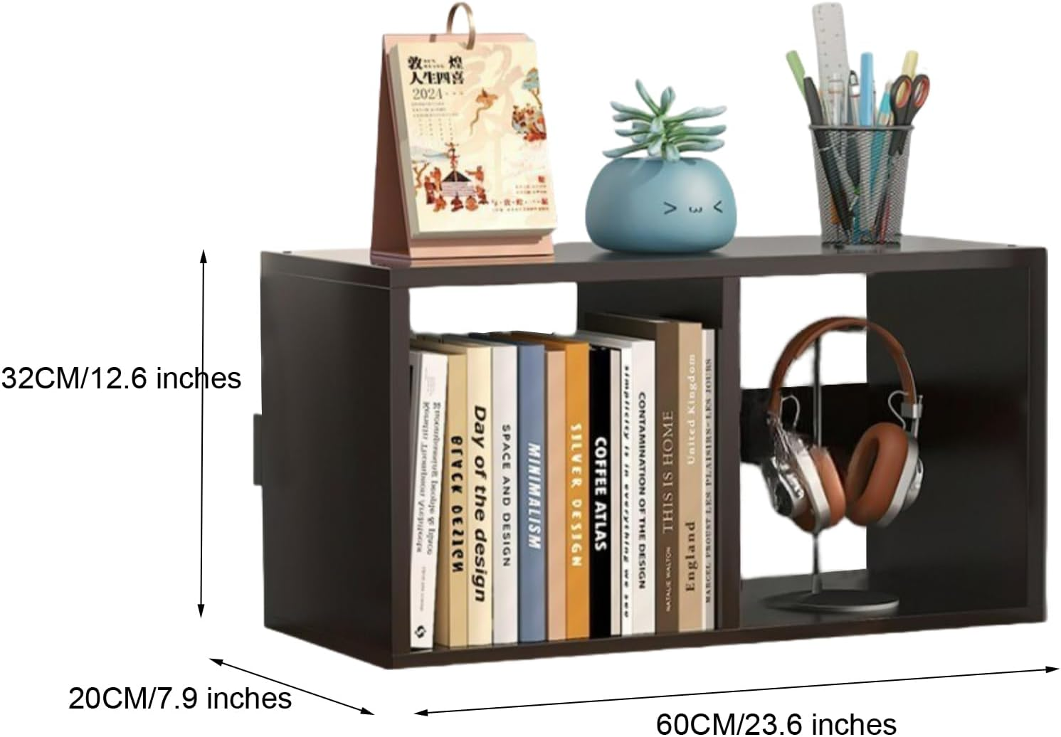 Desktop Organiser Wooden Bookshelf, Office Desk Display Shelf Unit, Book Storage Bookcase, Books Shelves A273 (Grey) - Black image number 2