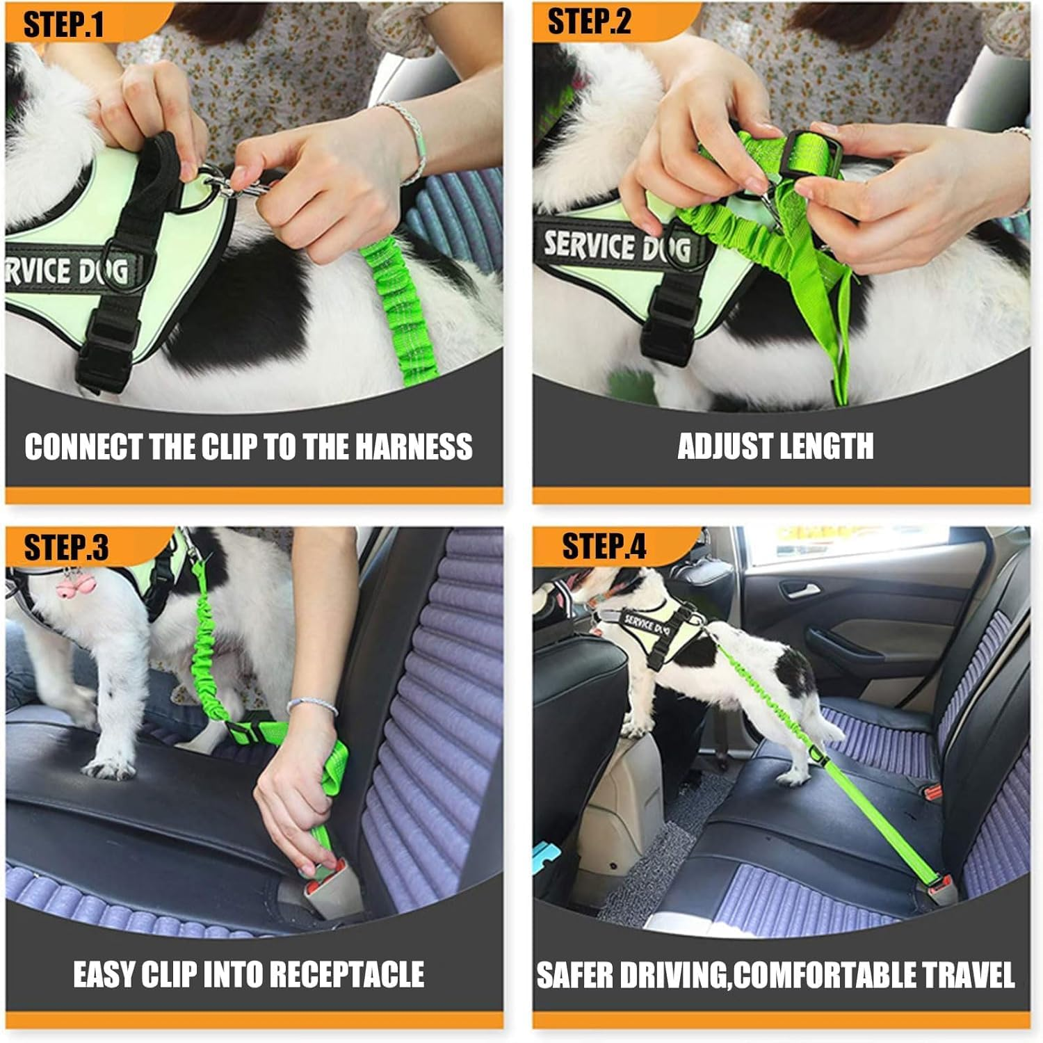 Green Adjustable Dog Car Seat Belt - Stretchable Bungee Safety Harness with Clip Buckle for Pet Travel in Truck & Vehicle image number 1