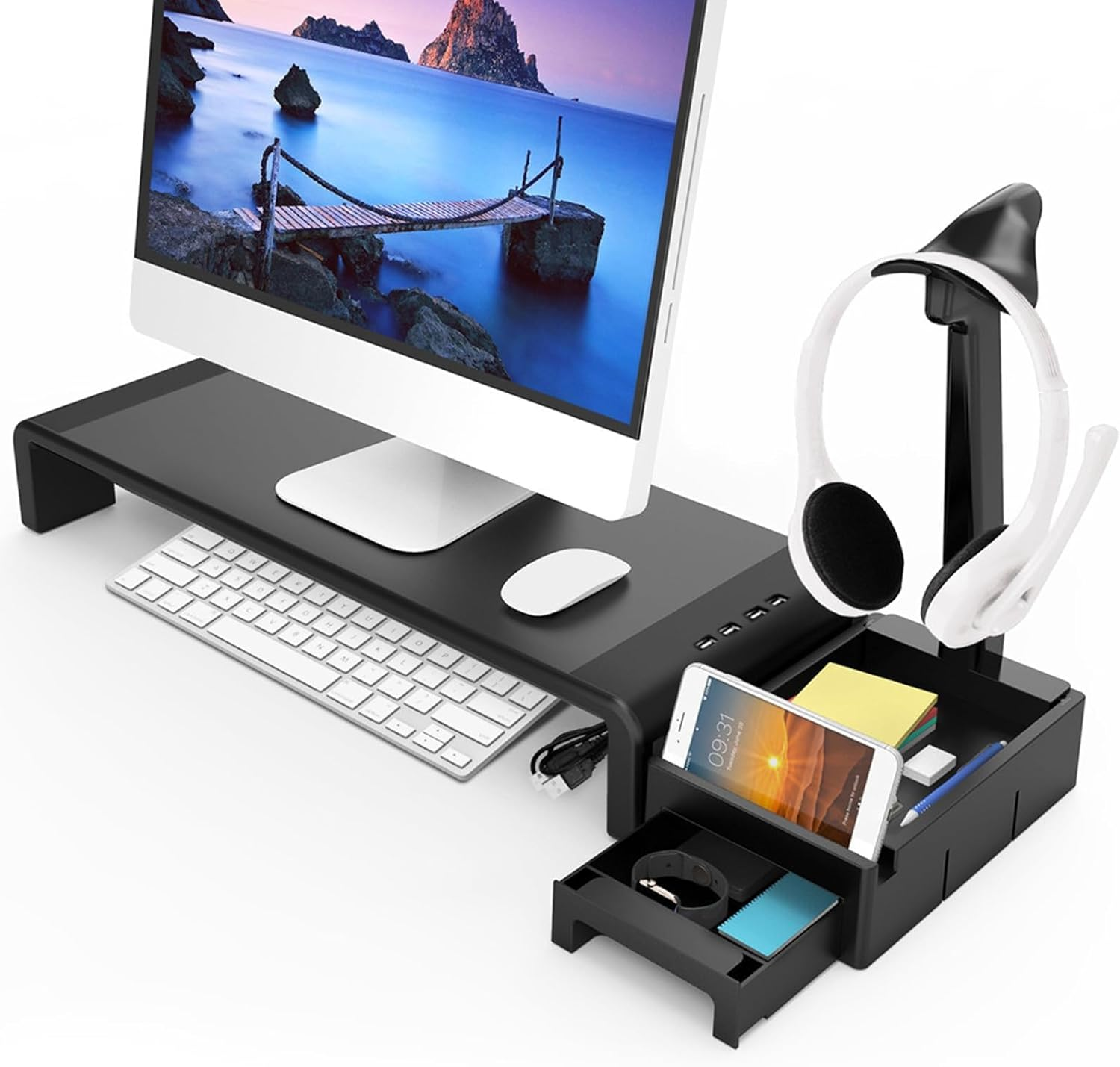 Monitor Stand Riser, Computer Monitor Stand for Desk, Height Adjustable Computer Stand, Desk Monitor Stand underneath Storage with Drawer Phone Stand Headphone Stand USB Port for Office image number 3
