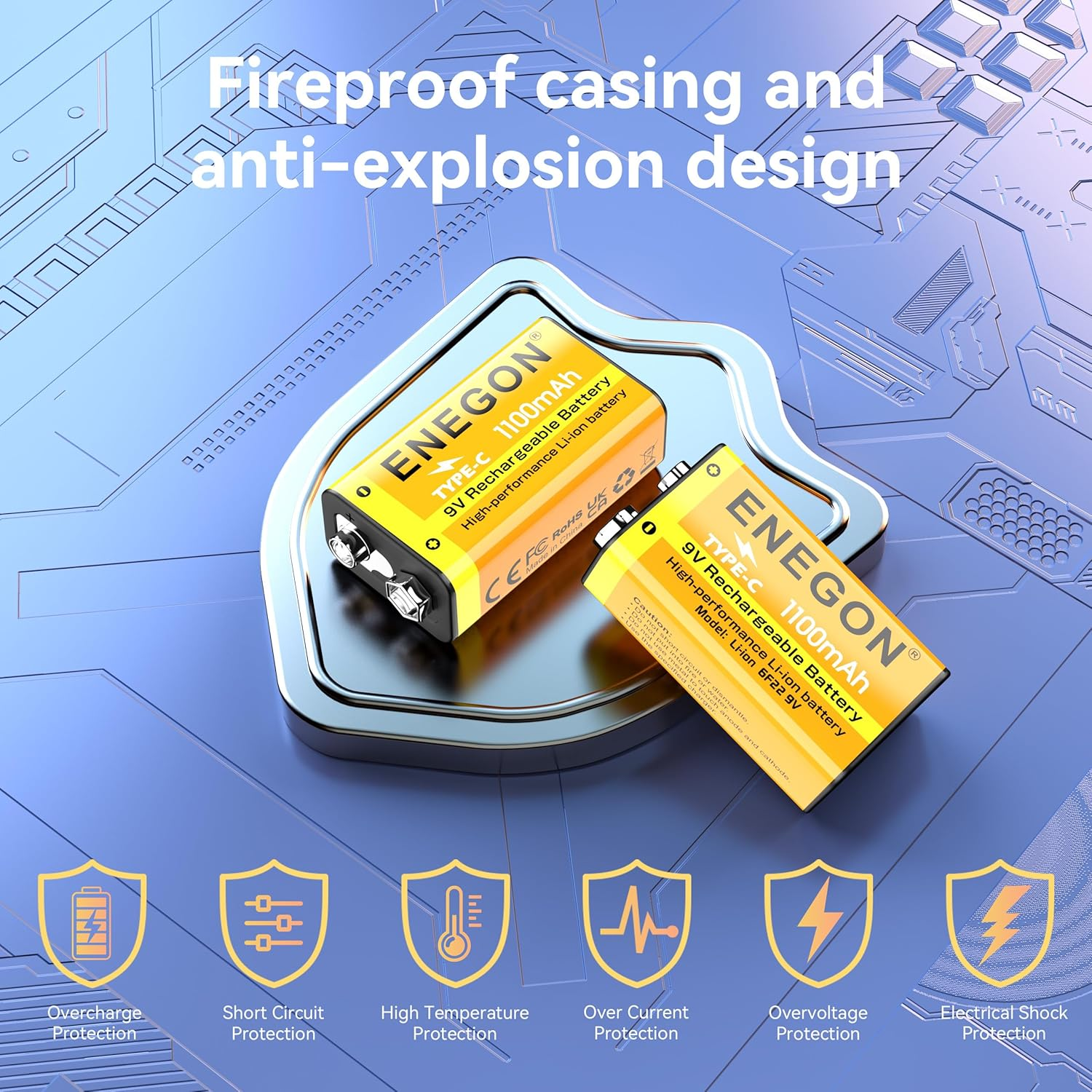 ENEGON 2 Pack 9V Rechargeable Li-Ion Batteries, 1100 Mah with Type-C Fast Charging, 6F22 9V Batteries for Electric Guitars, LED Lighting Devices, Smoke Alarms, Microphones, Walkie-Talkie and More image number 4