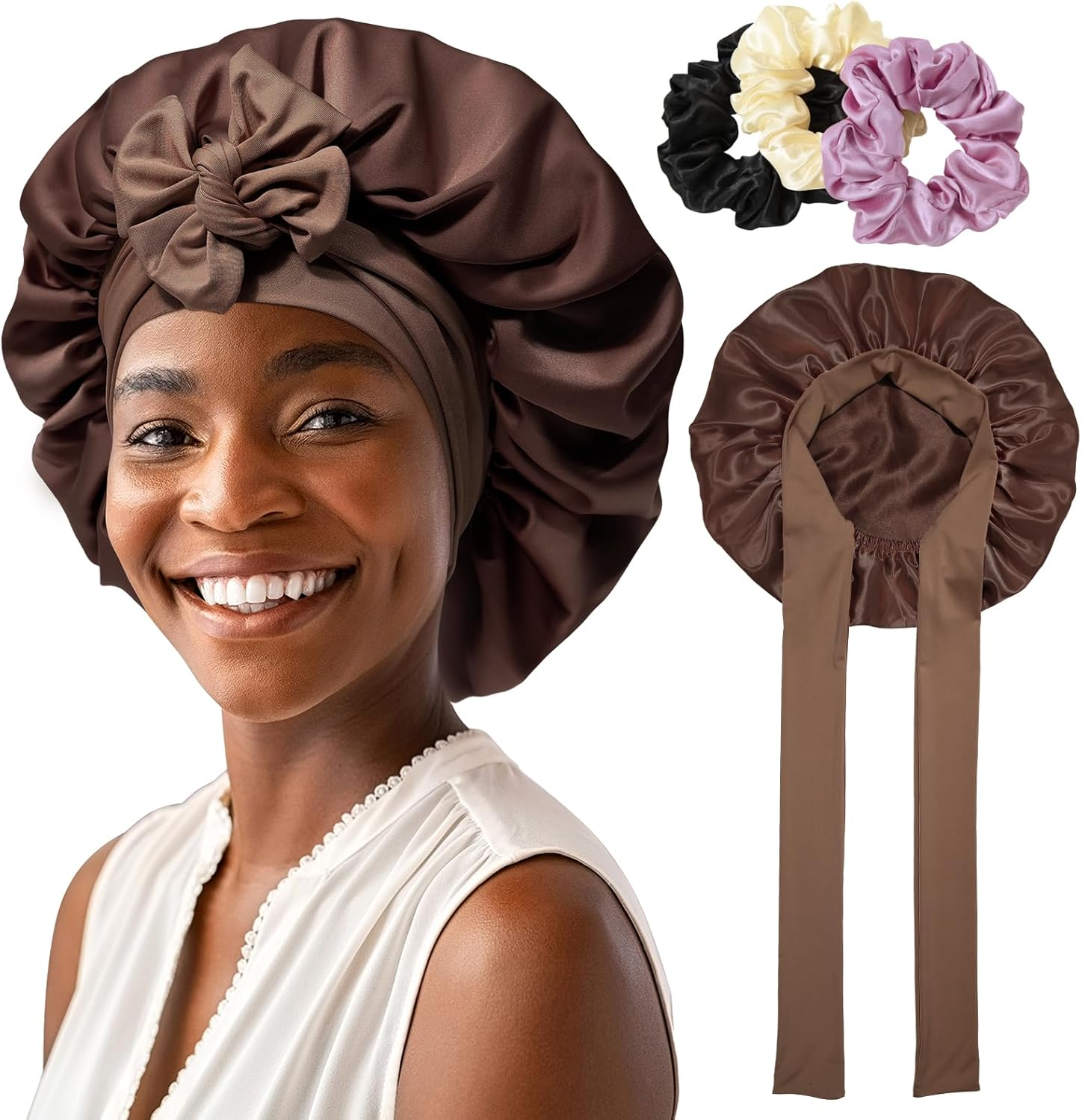 Satin Bonnet for Women Hair Bonnet for Sleeping Large Double Layer Silk Sleep Cap with Wide Elastic Band Hair Cap Sleeping