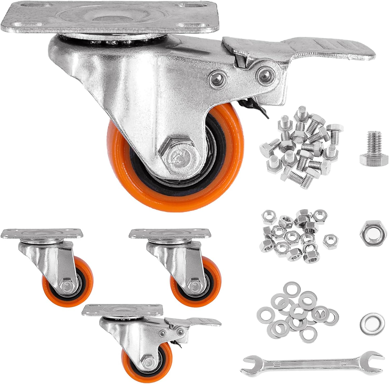 Swpeet 53Pcs 1.5 Inch Swivel Plate Casters Wheels, Heavy Duty Casters 2 with Brakes 2 without Brakes, Safety Dual Locking Casters with Wrench Screws, No Noise Polyurethane Wheels Casters for Furniture image number 3