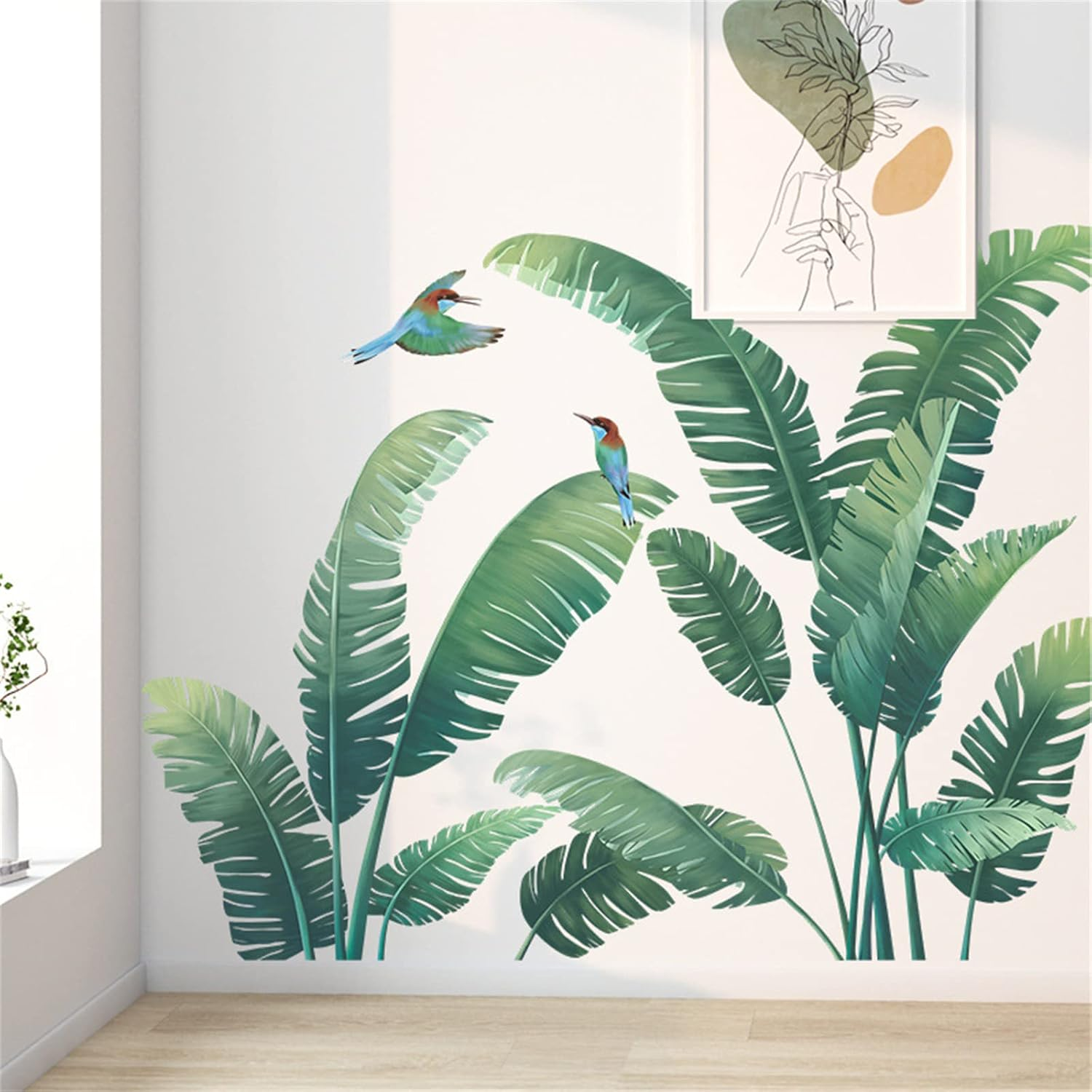 Green Plant Wall Stickers, Tropical Rainforest Monstera Leaf Decal Natural Palm Leaves Nordic Green Leaf Plants Banana Leaf Bird Wall Mural Bedroom Living Room (Green Palm Tree) image number 6