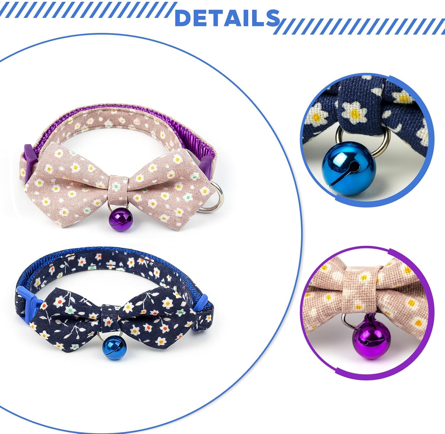 ARYIMYDP Pack of 2 Cat Collars with Safety Clasp and Bell, Adjustable Collar for Cats and Dogs, Lightweight Bow Design with Floral Pattern, Comfortable, Breathable (19-27 Cm) image number 3