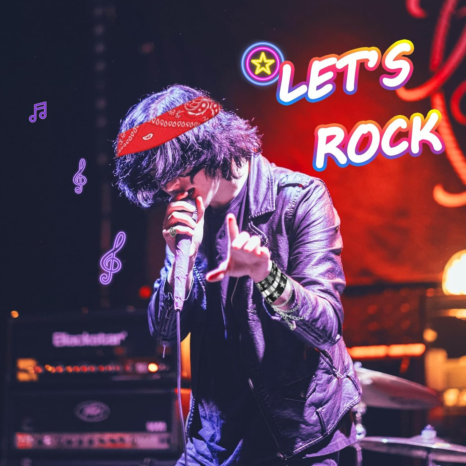 11Pcs Punk Gothic Rocker Costume Set, Rock Heavy Metal Accessories with Retro Sunglasses Gloves Bandana Fake Tattoo Sleeves Bracelet Rings Inflatable Guitar for Women Men Halloween 80S Disco Party image number 3