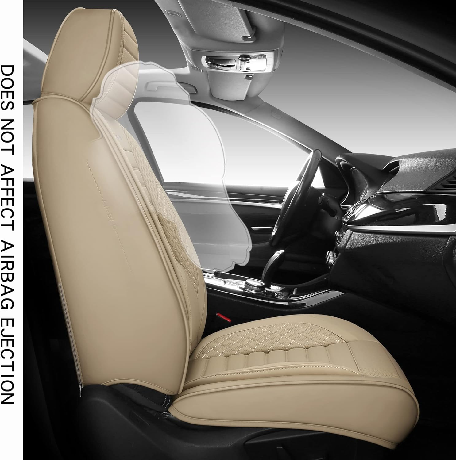 Fully Covered Automotive Car Seat Covers with Waterproof Nappa Leatherette Universal Fit for Most Cars Sedans Suvs and Pick-Up Trucks with 5 Seats (Beige, Full Set) image number 5