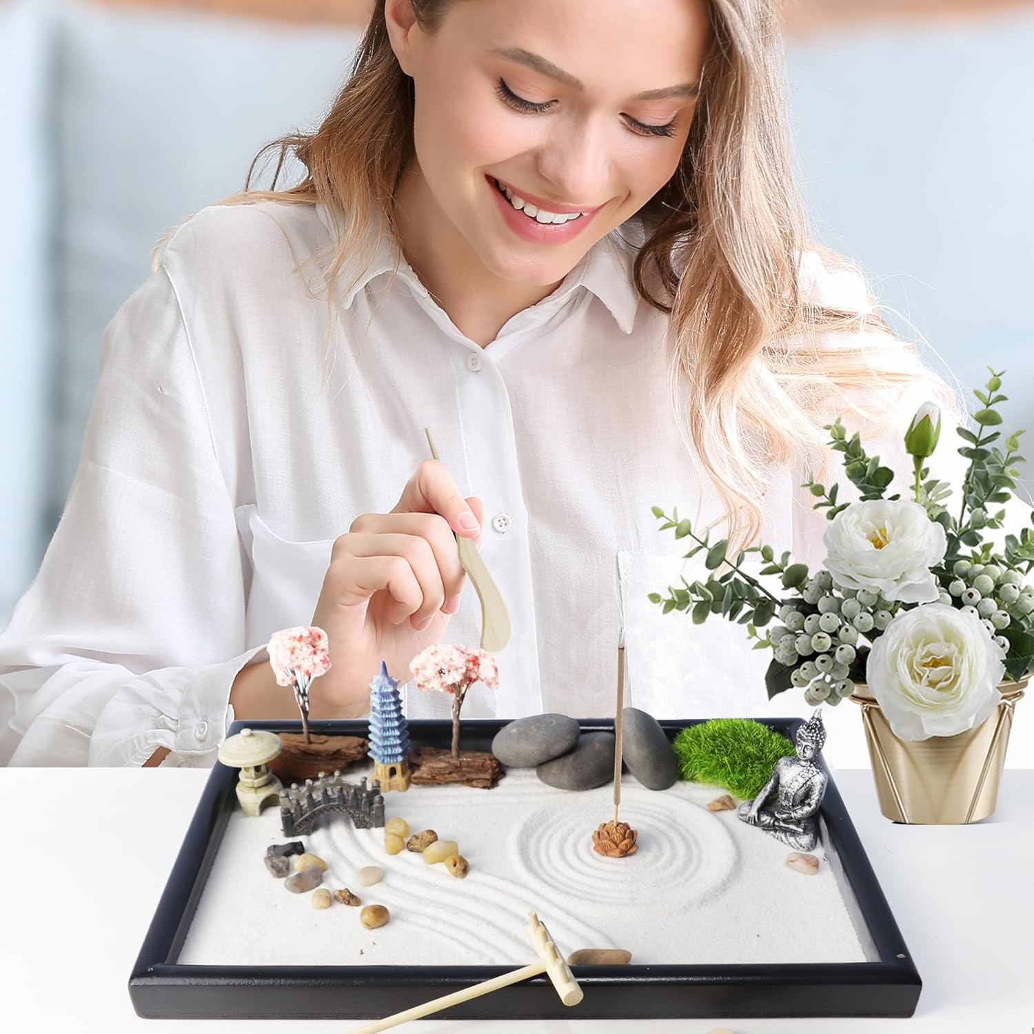 YUNGCHI Zen Garden for Desk Mini Japanese Sand Desktop Office Miniature Zen Garden Box with Kit 11.8 X 7.9 In image number 4