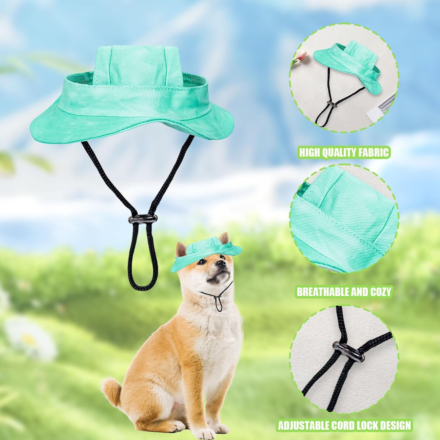 Dog Sun Hat, 1 Piece Adjustable Dog Sun Protection Hat with Ear Holes, round Brim Dog Visor Cap, Pet Fishing Hat for Puppies, Small Dogs, Cats, Outdoor Sports (Green, M) image number 3