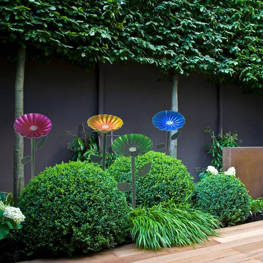 4 Pack Bee Cups for Garden Metal Bee Water Feeder with Vivid Flower Design, Bee Watering Station, Colorful Butterfly Bath Bowl Bee Cups for Outdoor Garden Yard Decor (Green,Red,Yellow,Blue) image number 2