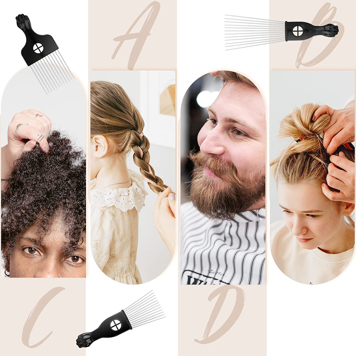 Beauty7 Hair Pick Afro Styling Pick & Lift Comb Afro Pick Lift Hair Styling Comb for African Square Wave Black(Size: M) image number 6