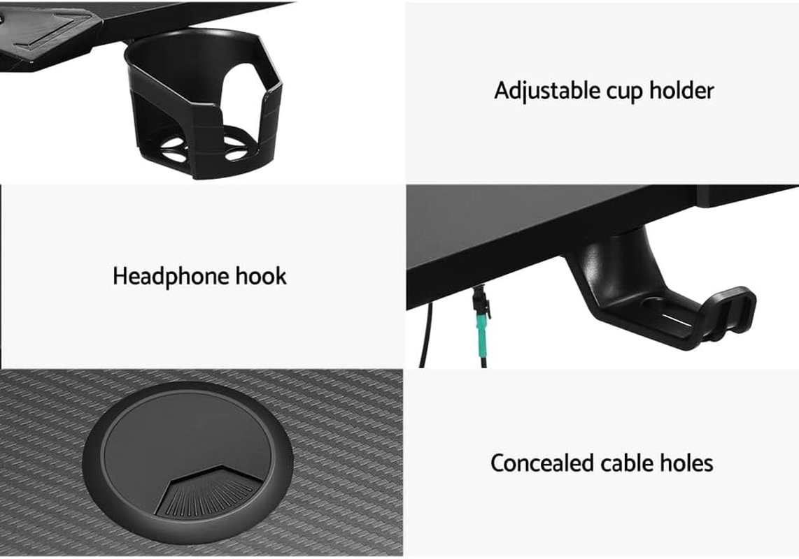 Artiss 140Cm Length Gaming Desk, Standing Computer Office Desks Study Table Work Tables Workstation Home Storage Furnishings, with RGB LED Lights Adjustable Cup Holder Headphone Hook Cable Holes Black image number 5
