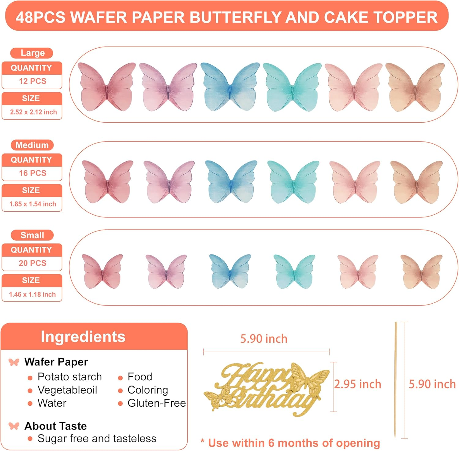 48 Pcs Edible Butterflies for Cake Decorations and 'Happy Birthday' Butterfly Cake Topper, 3D Wafer Paper Butterfly Cupcake Toppers and Cake Topper for Birthday Party Cake Decorations (Mixed Colour) image number 5