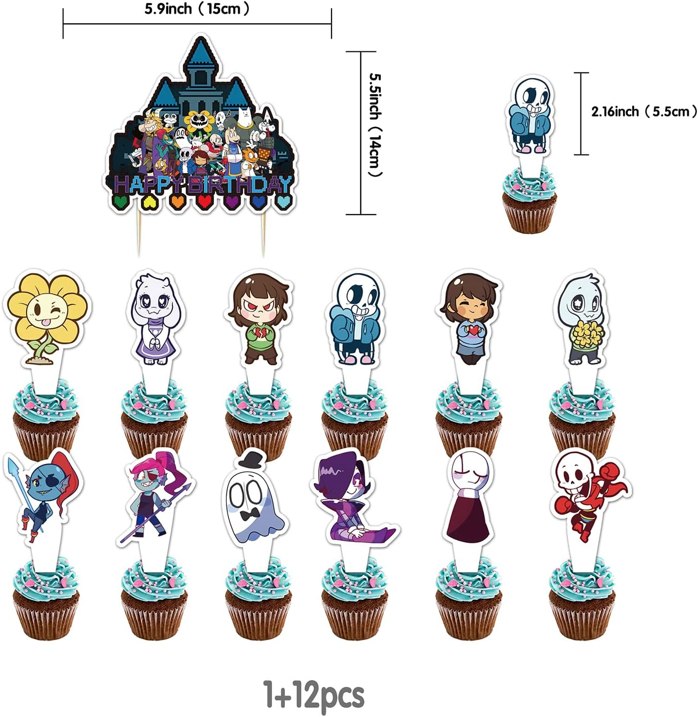 82 Pcs Undertale Birthday Party Supplies, Including Cake Caps, Cupcake Caps, Flags, Latex Balloons, It Is Very Suitable for Boy'S and Girl Themed Birthday Party Supplies. image number 4