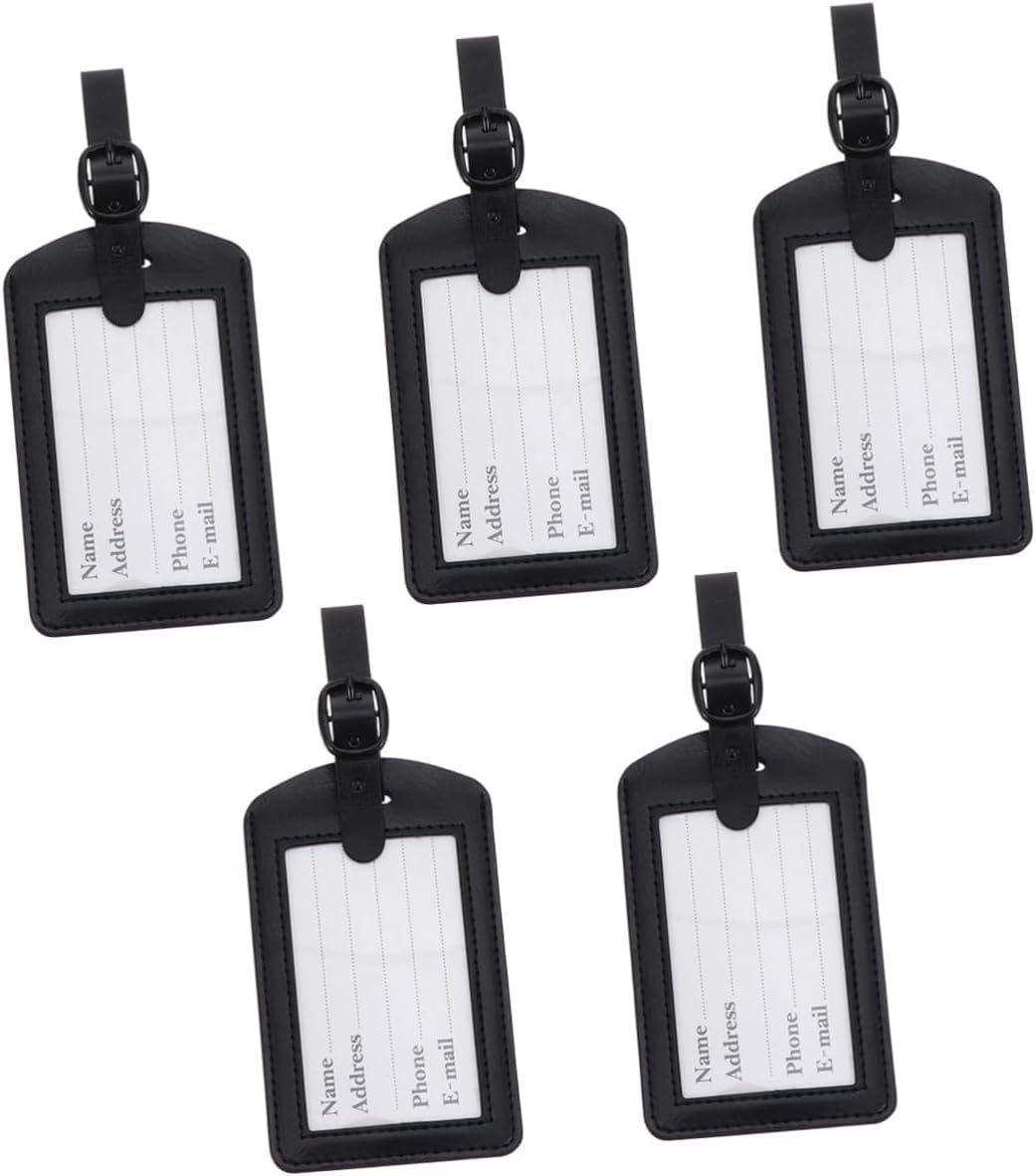 OFFSCH 5Pcs Black Leather Luggage Tags Pu Id Labels Privacy Cover for Travel Suitcases Sturdy Baggage Tag Set for Easy Identification image number 1