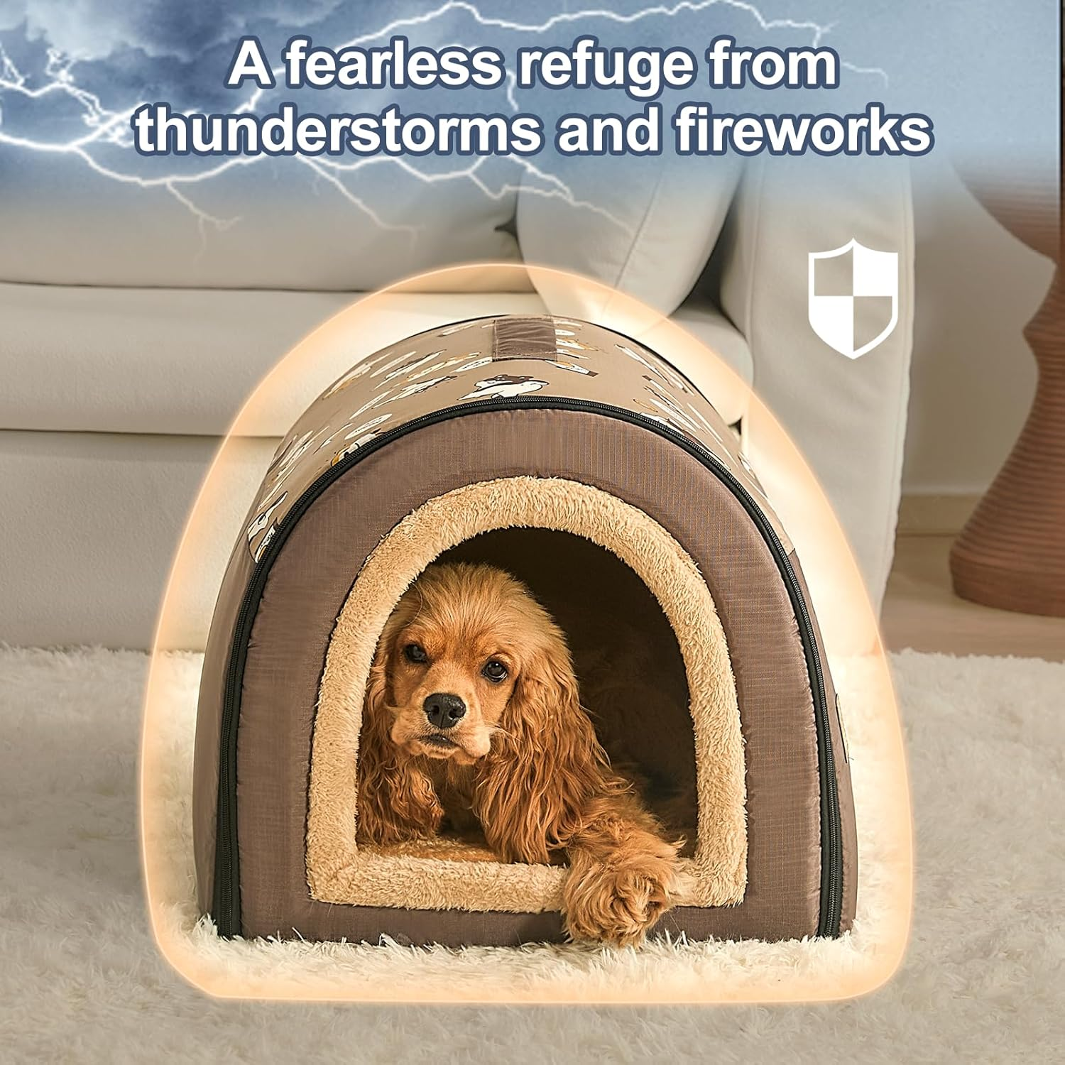 Jiupety Indoor Dog House, 2 in 1 Portable Foldable House Bed with Cover, Pet Tent & Cave Bed for Small Medium Dog, L(24"&times;18"&times;18"), up to 20 Lb, Brown image number 5