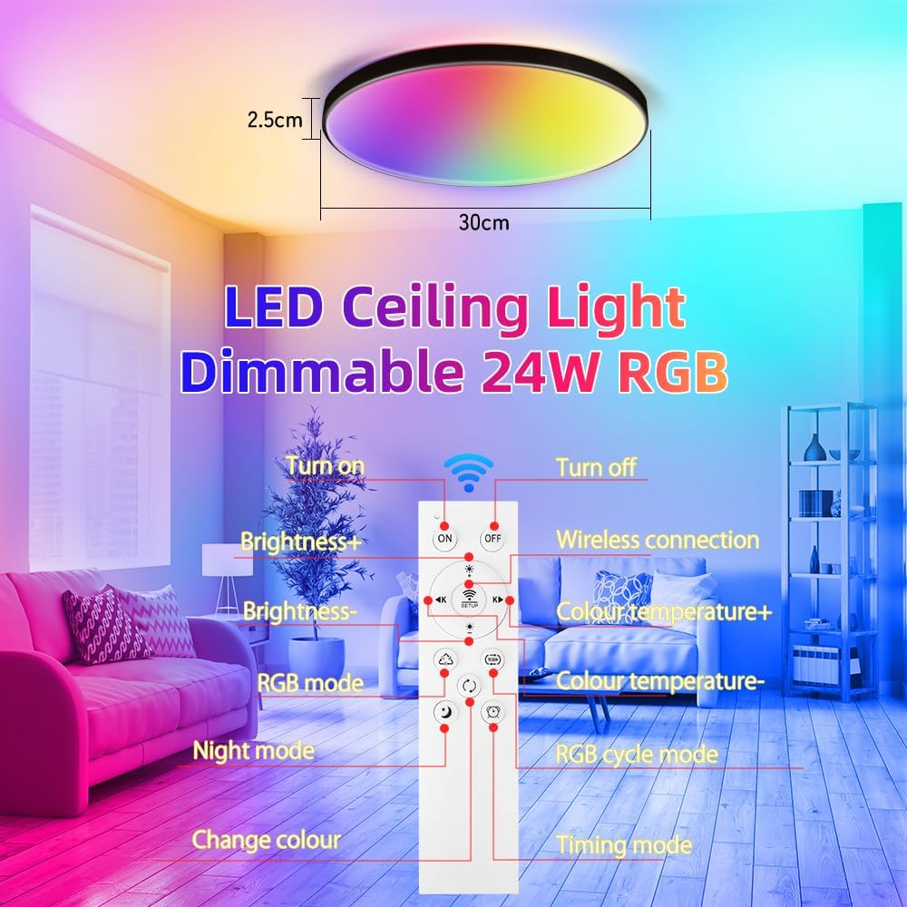 SILAMPDI Led Ceiling Light Wifi Tuya Control, 24W Smart Ceiling Light Black, RGB Mode with Remote Control 16 Million Colors Timer & Memory 3000K-6500K Connect Alex Google Siri for Bedroom Living Room image number 6