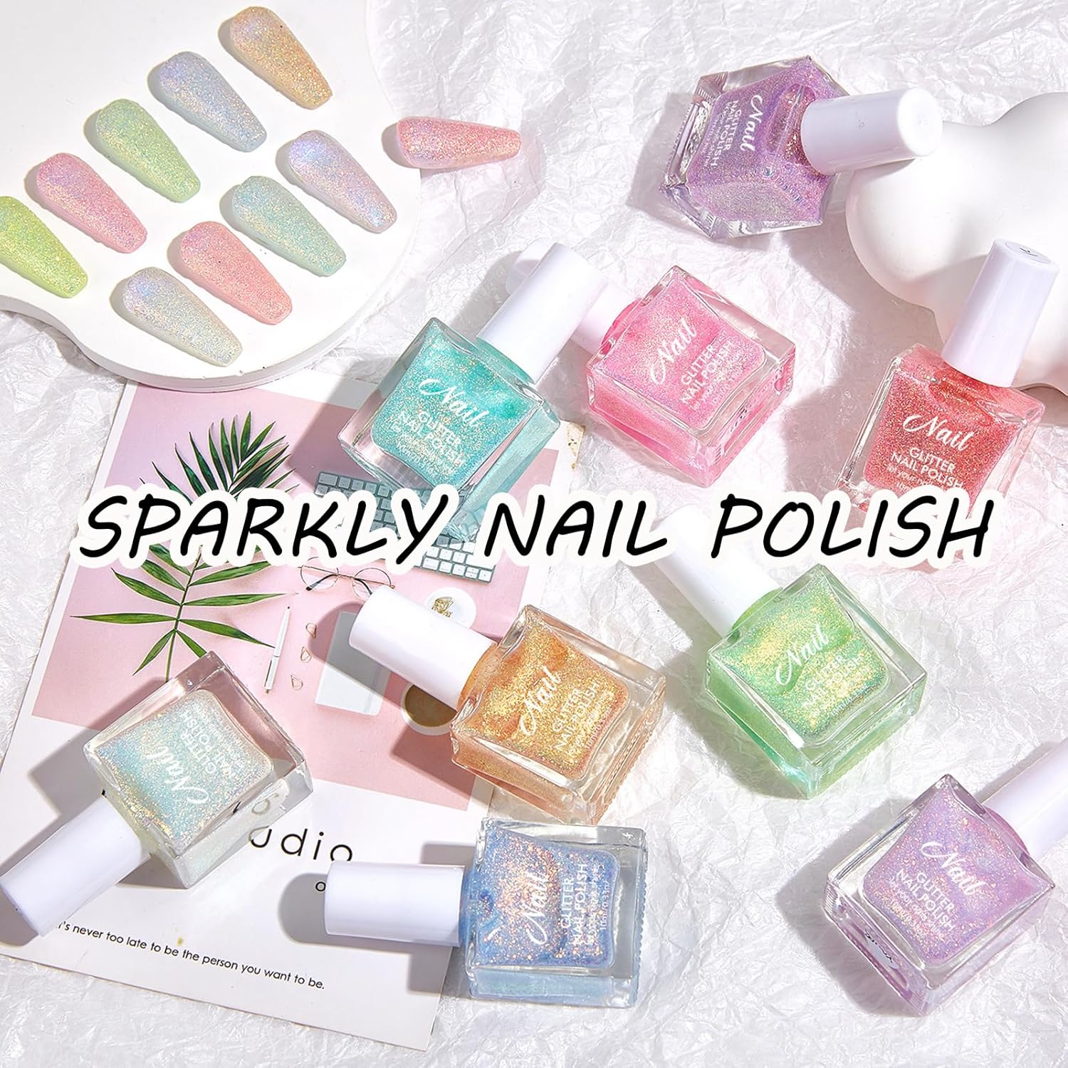 Glitter Nail Polish - Non-Toxic Pink Nail Polish Water-Based, Quick Drying & Long-Lasting Shimmer Colour Coat, Reflective Glitter Quick-Dry Nail Polish for DIY Nail Art, Manicure at Home (Pink) image number 5