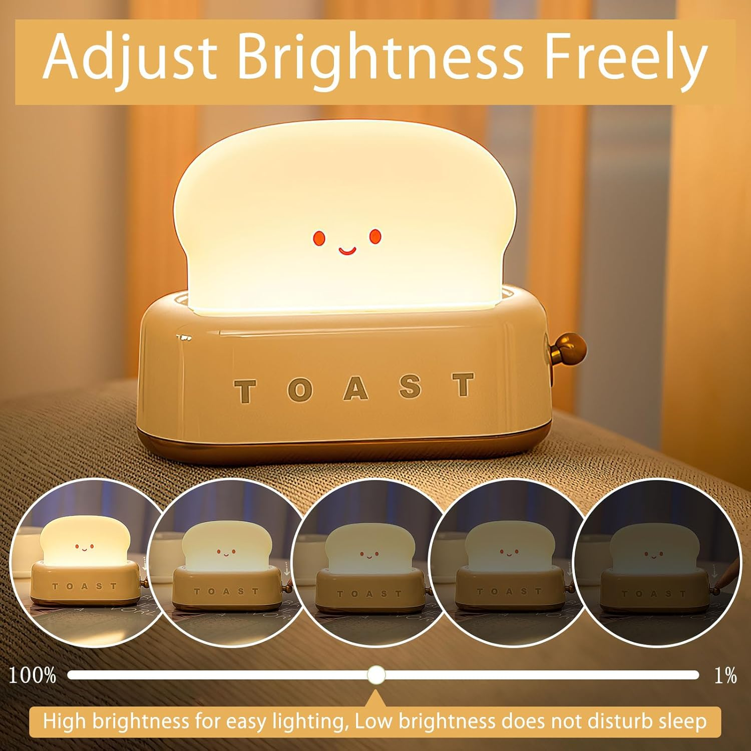 VOSSOT Toast Children'S Night Light, Kawaii LED Night Light with Timer, Baby Room LED Bedside Lamp, USB Rechargeable Baby Night Light, Nursing Light, Smile, Bread, Toast Night Lamp for Teen Girl Boy image number 3