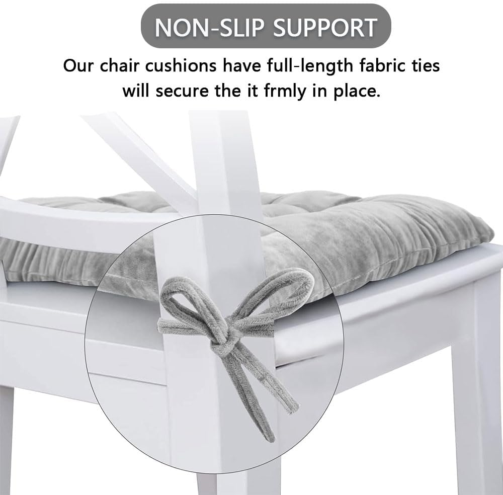 4 Pack Chair Cushions for Dining Chairs, Tufted Velvet Seat Pads with Ties, Soft Square Chair Pillows for Kitchen, Office, Desk & Living Room, Grey image number 5