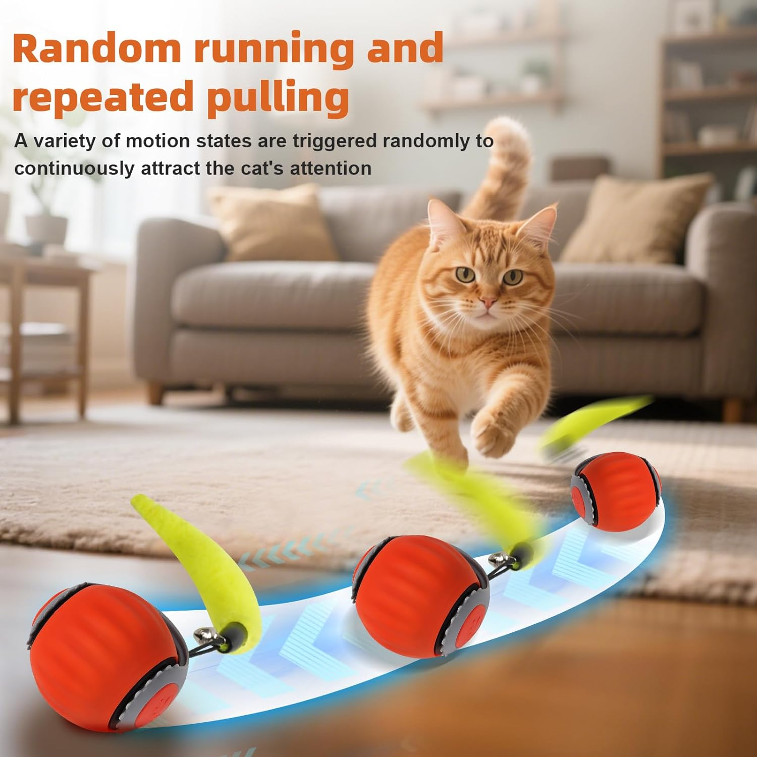 Gravity Cat Toy Spike Ball Upgrade 2.0 Interactive Cat Ball Toy with Feather Tail, Motion Activated Automatic Rolling Smart Cat Toys for Indoor Cats, USB Rechargeable Cat Ball,Orange image number 3