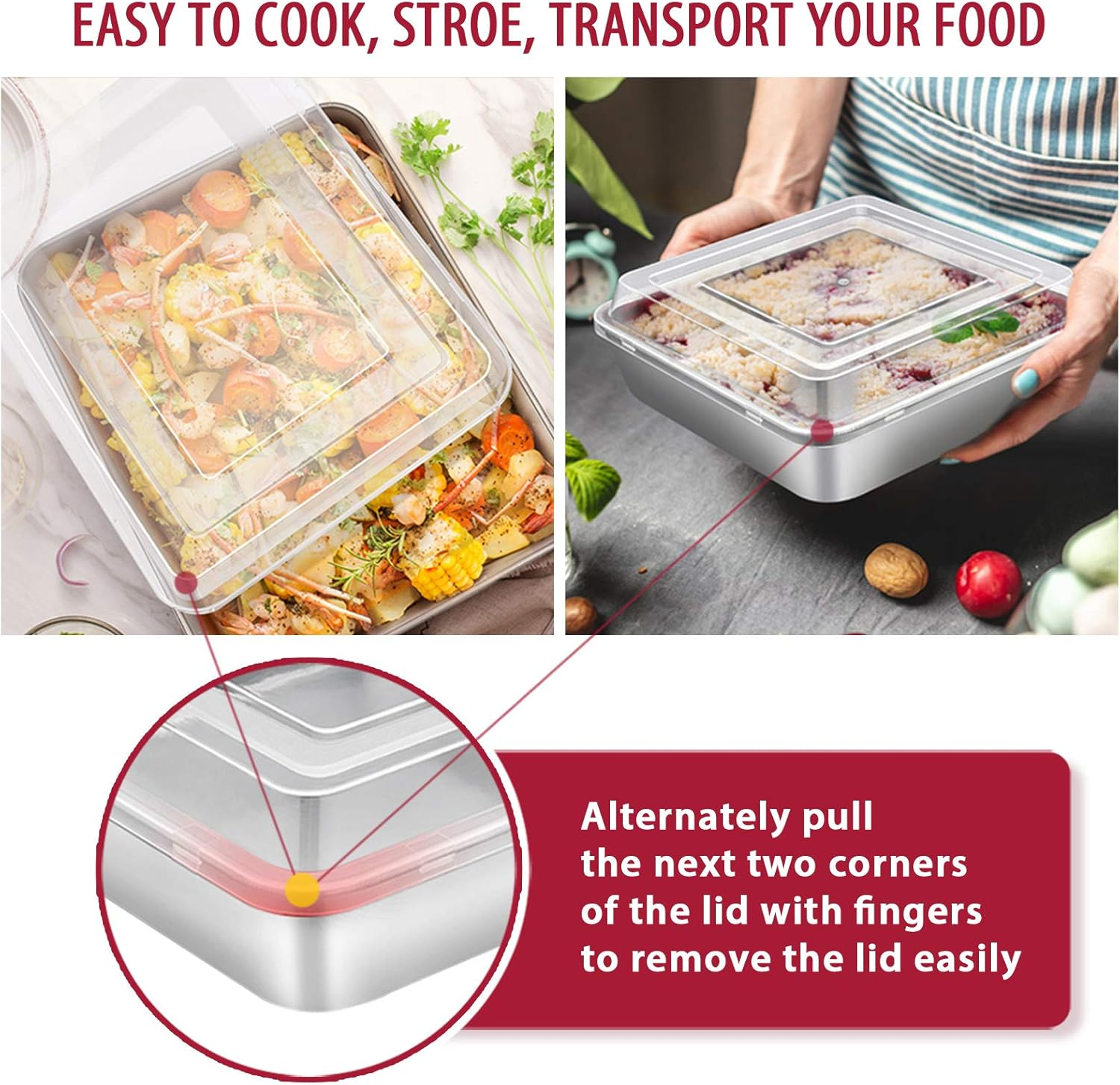 E-Far 12-Piece Stainless Steel Bakeware Sets, Metal Baking Pan Set Include round Cake Pans, Square/Rectangle Baking Pans with Lids, Cookie Sheet, Loaf/Muffin/Pizza Pan, Non-Toxic & Dishwasher Safe image number 6