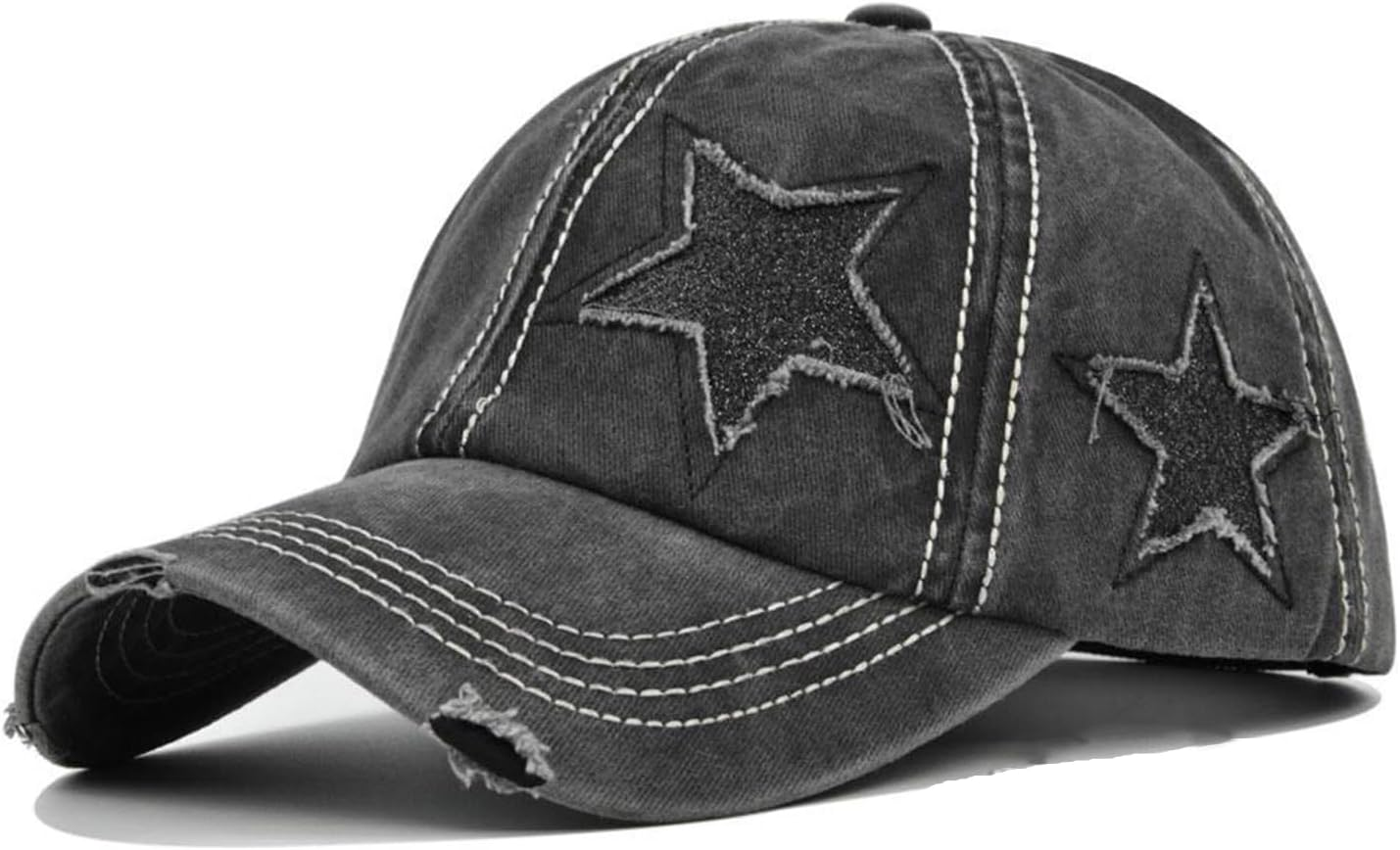 Womens Ponytail Baseball Cap Vintage Style Baseball Cap Distressed Star Design