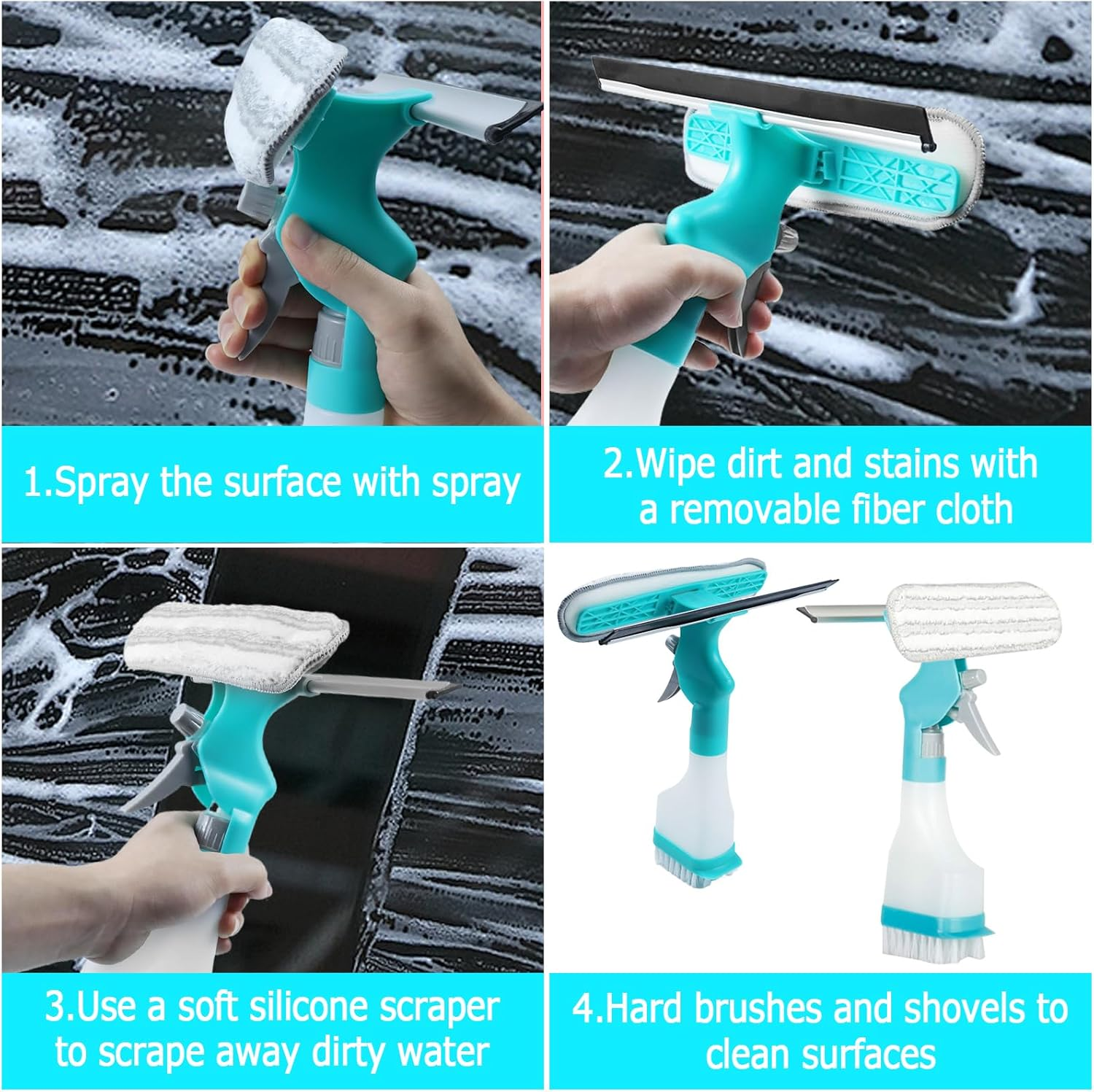 PIWOSGOL Window Cleaner with Spray Bottle, 4 in 1, Removable Window Cleaner, Double Sided Window Cleaning Set, Spray Wiper, Wiper with Spray Function, for Windows, Mirrors, Tiles, Car