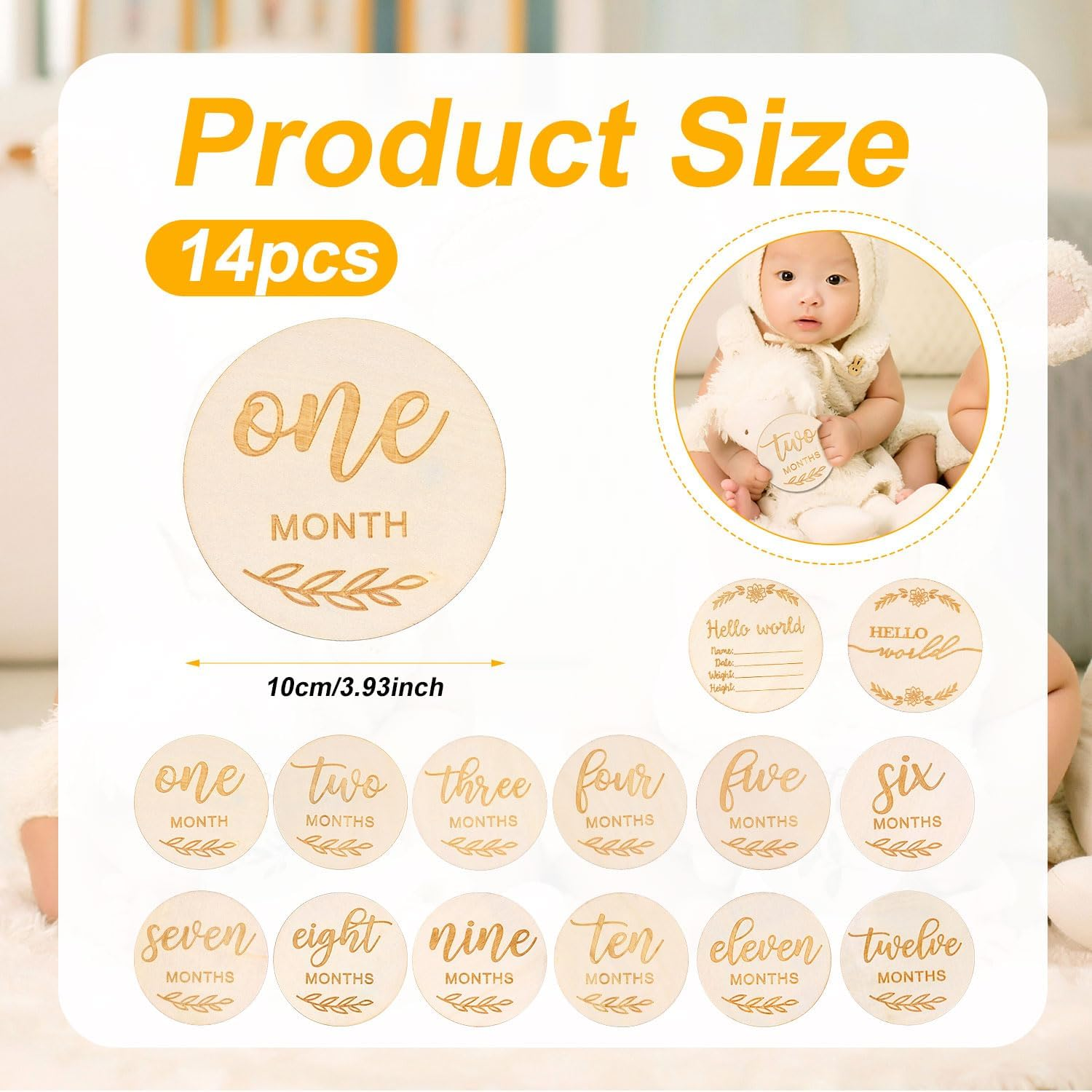 14Pcs Flower Baby Monthly Cards, 1-12 Months Baby Announcement Sign Hello World Newborn Sign for Milestone Wooden Discs Baby Monthly Card Sign for Boy and Girl Photography Props image number 2
