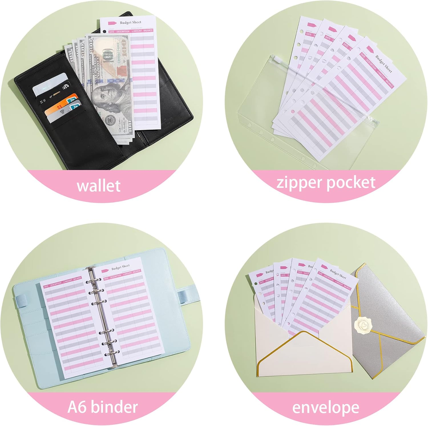 Ndsox 60PCS A6 Budget Sheets for Budget Planner Binder, 6-Holes Expense Budget Tracker Sheets, Spending Tracker Sheets, A6 Budget Binder Inserts Cash Ledger Book Wallet Bill Organizer, Pink image number 2